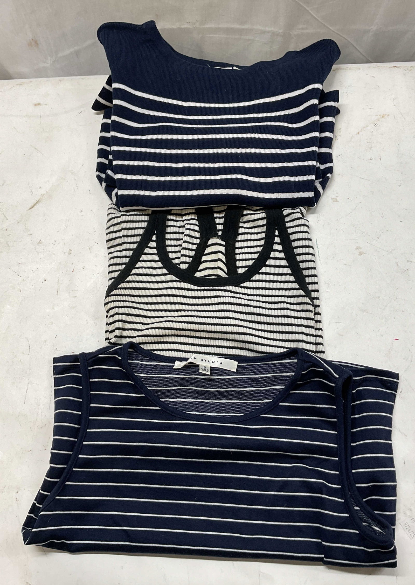 Lot 3 Max Studio, Clifford & Wills+ Tops: Lot of 3 tops. Mix of tank tops and long sleeve shirts. Max Studio dark blue and white striped tank top, size S, polyester material. Club Monaco white and black striped ribbed tank top, size S,