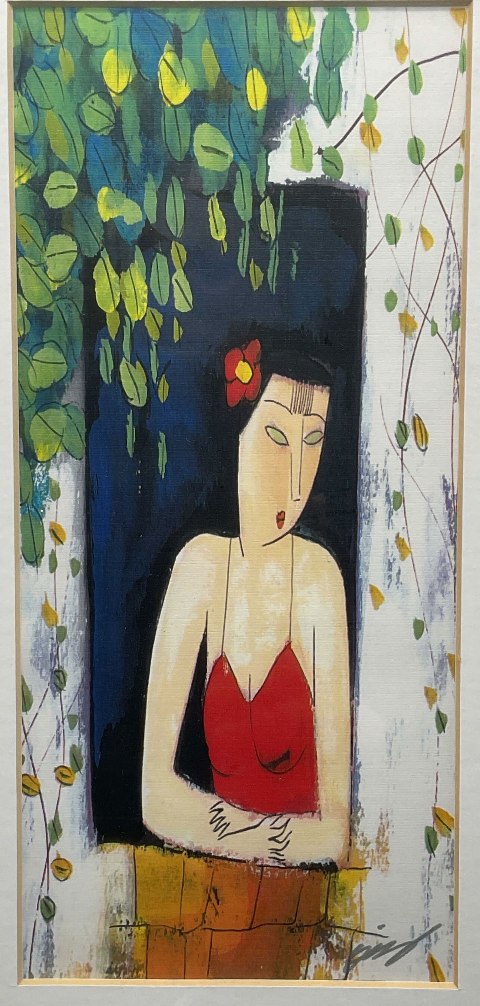 Framed Woman In Window Fine Art Print: Framed and matted fine art print on paper. Signature in print, illegible. Woman standing in a window. Black frame. Not examined out of frame. Frame measures approx 14 x 11 inches. Some wear consistent