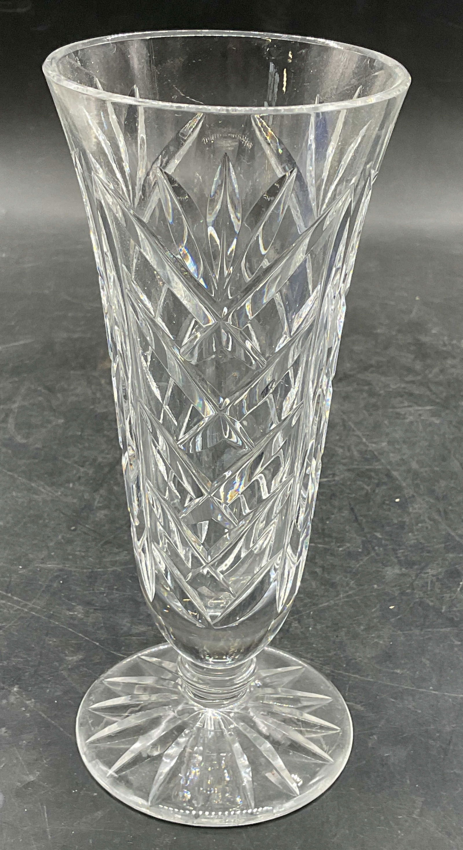 Cut Crystal Footed Fluted Vase: Cut crystal, vase with footed base and fluted rim. Fan pattern. Measures approx 3 x 7 inches. Some wear consistent with exposure. Crystal vase, cut crystal vase, footed vase, fluted vase, home decor,