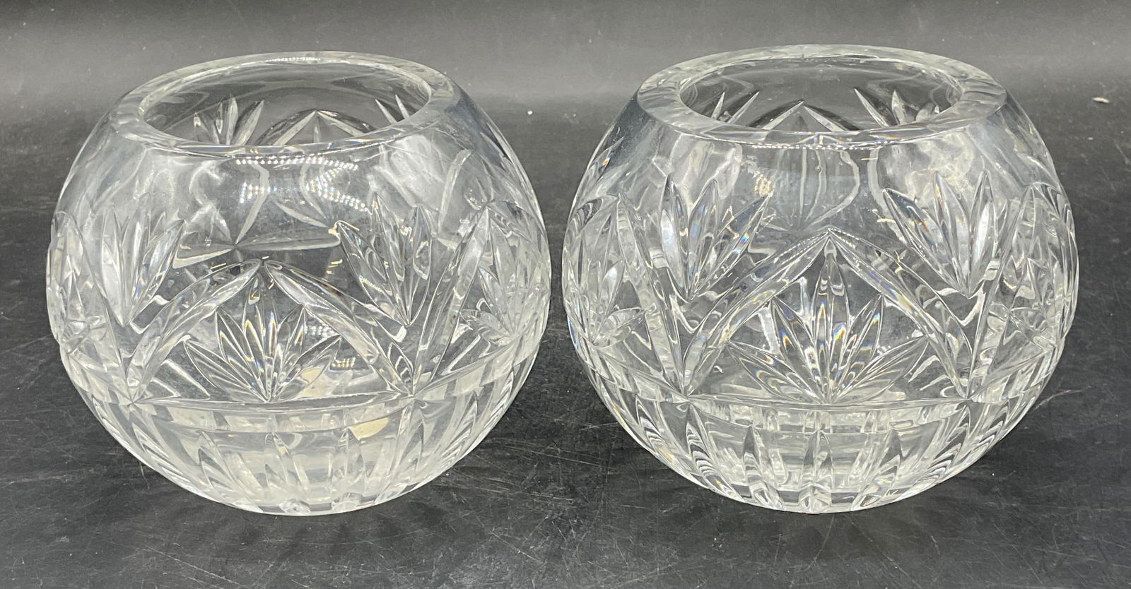 Pair Cut Crystal Rose Bowl Vases: Pair of cut crystal rose bowl vases. Geometric fan patterns. Measure approx 4.5 x 4 inches. Some scratching. Crystal vase, Crystal rose bowl, rose bowl, vase, home decor, home accessories, table decor