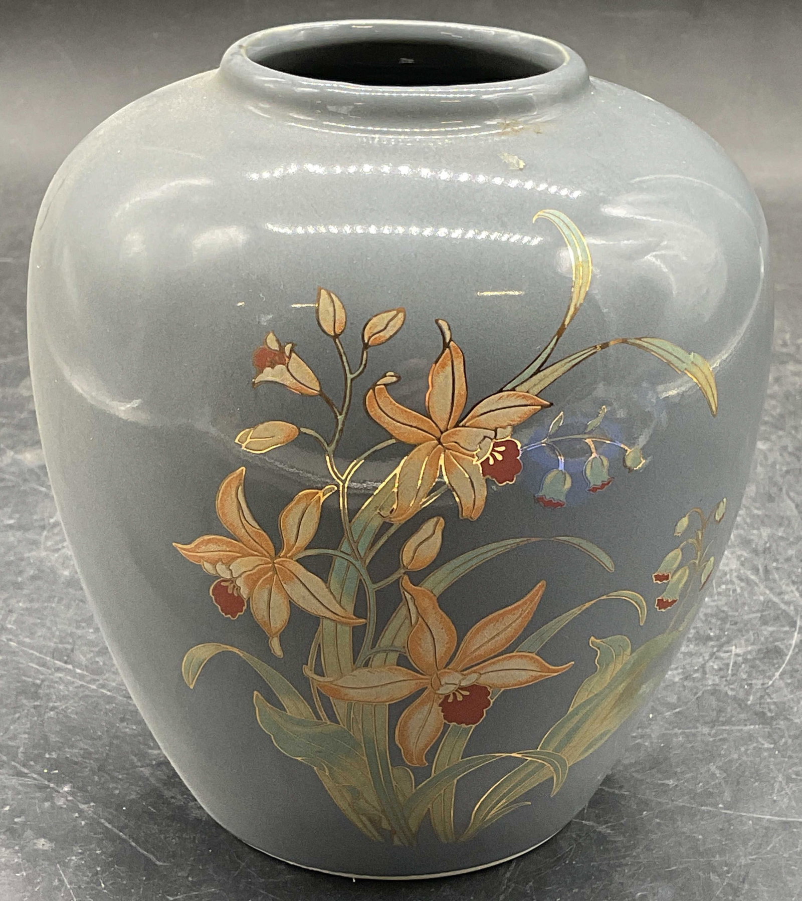 Signed Gray Floral Porcelain Vase, Japan (1 of 6)