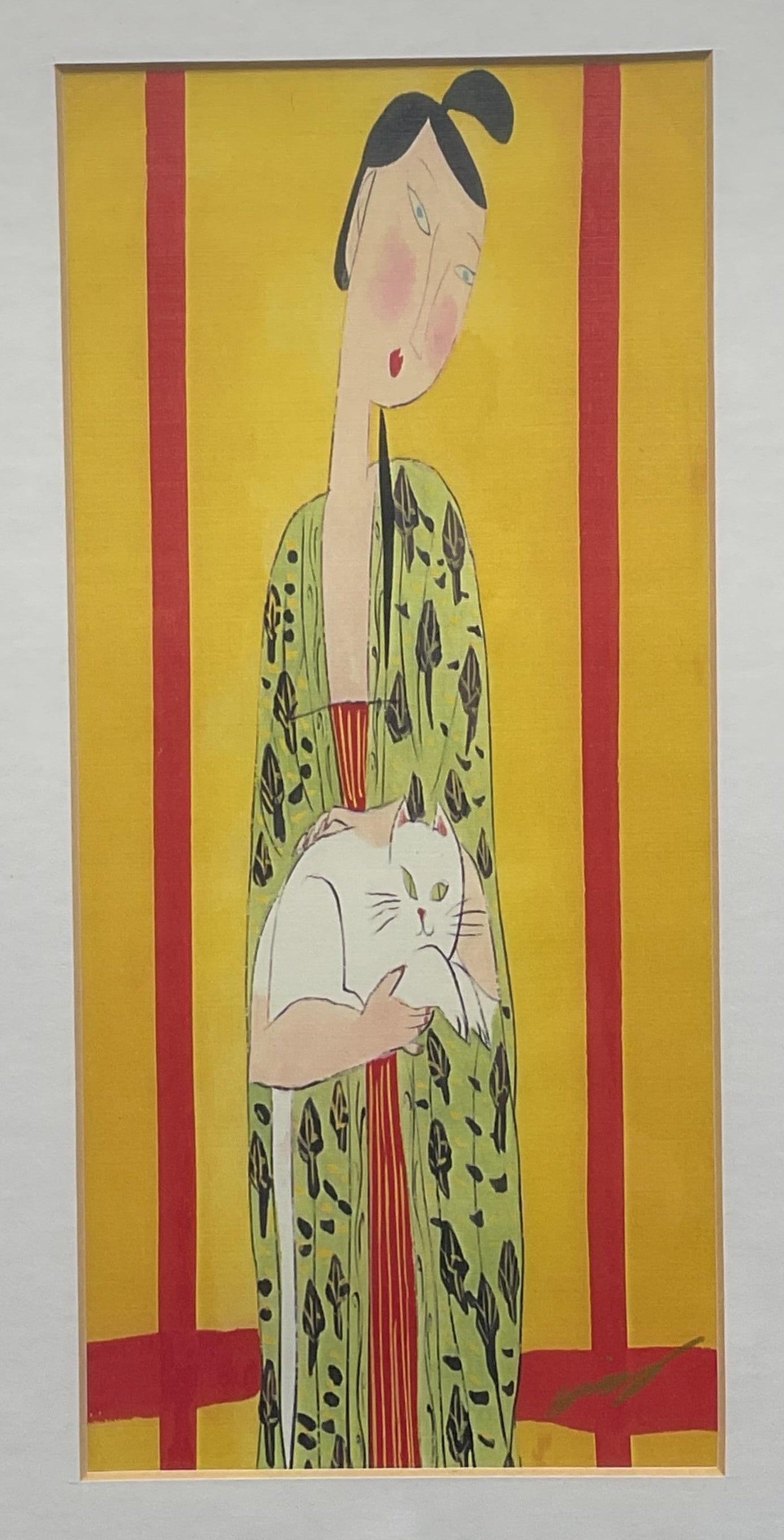 Framed Woman Holding Cat Fine Art Print: Framed and matted fine art print on paper. Signature in print, illegible. Woman holding a white cat. Black frame. Not examined out of frame. Frame measures approx 14 x 11 inches. Some wear consistent