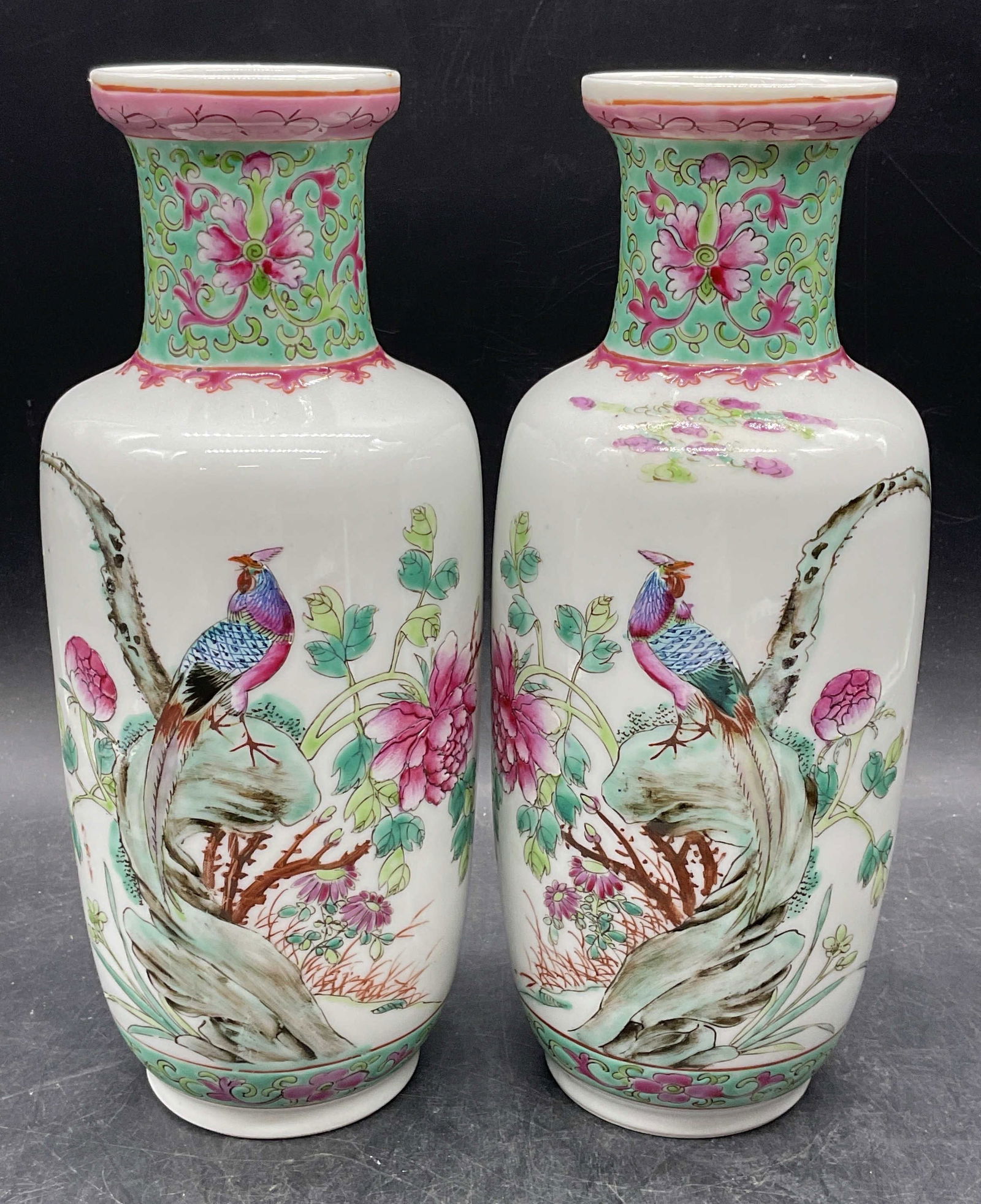 Pair Vtg Chinese Porcelain Bird Floral Vases: Pair of vintage Chinese porcelain vases. Hand painted bird and floral designs. Measure approx 3.75 x 9.75 inches. Vases have drainage holes on bases and interior weights. Some wear consistent with exp