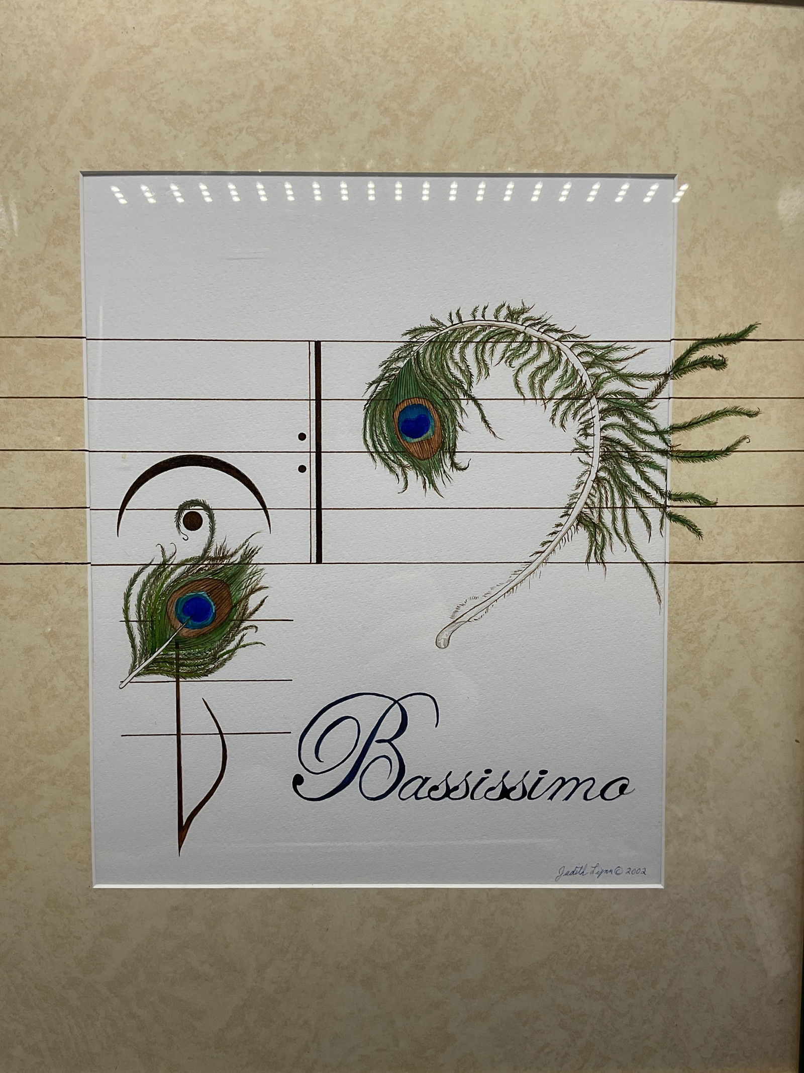 Sgn Judith Lynn Musical Peacock Feather Painting: Framed and matted painting on paper. Signed and dated lower right, Judith Lynn, 2002. Musical notation with peacock feathers. Green wood frame. Not examined out of frame. Frame measures approx 21 x 17