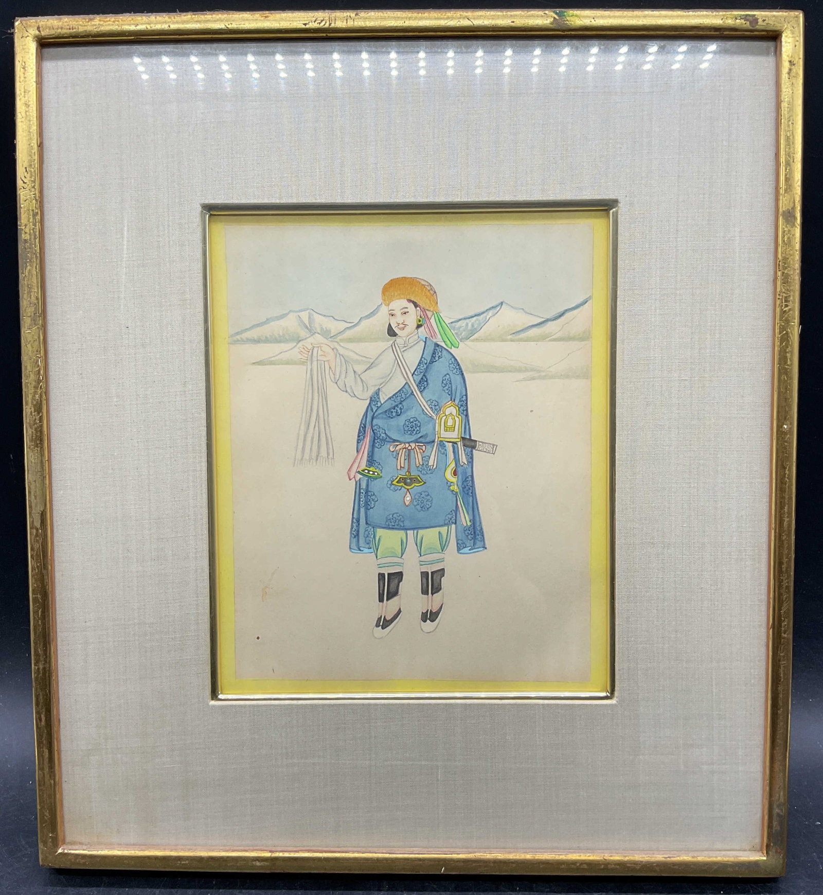Framed Chinese Court Figure Painting: Framed and matted painting on paper. Chinese court official or figure. Gold tone wood frame. Not examined out of frame. Frame measures approx 13 x 11.5 inches. Property of Upper East Side French stage