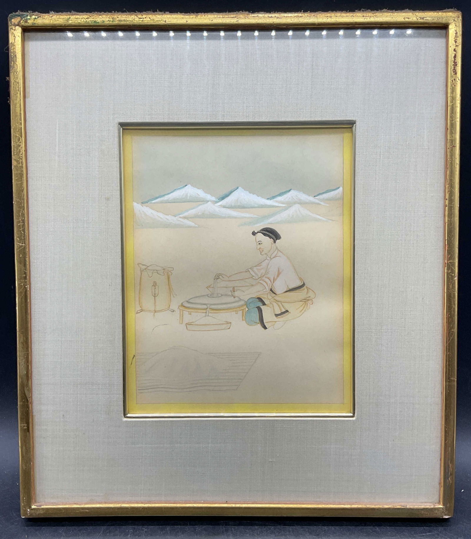 Framed Chinese Man Milling Grain Painting (1 of 6)
