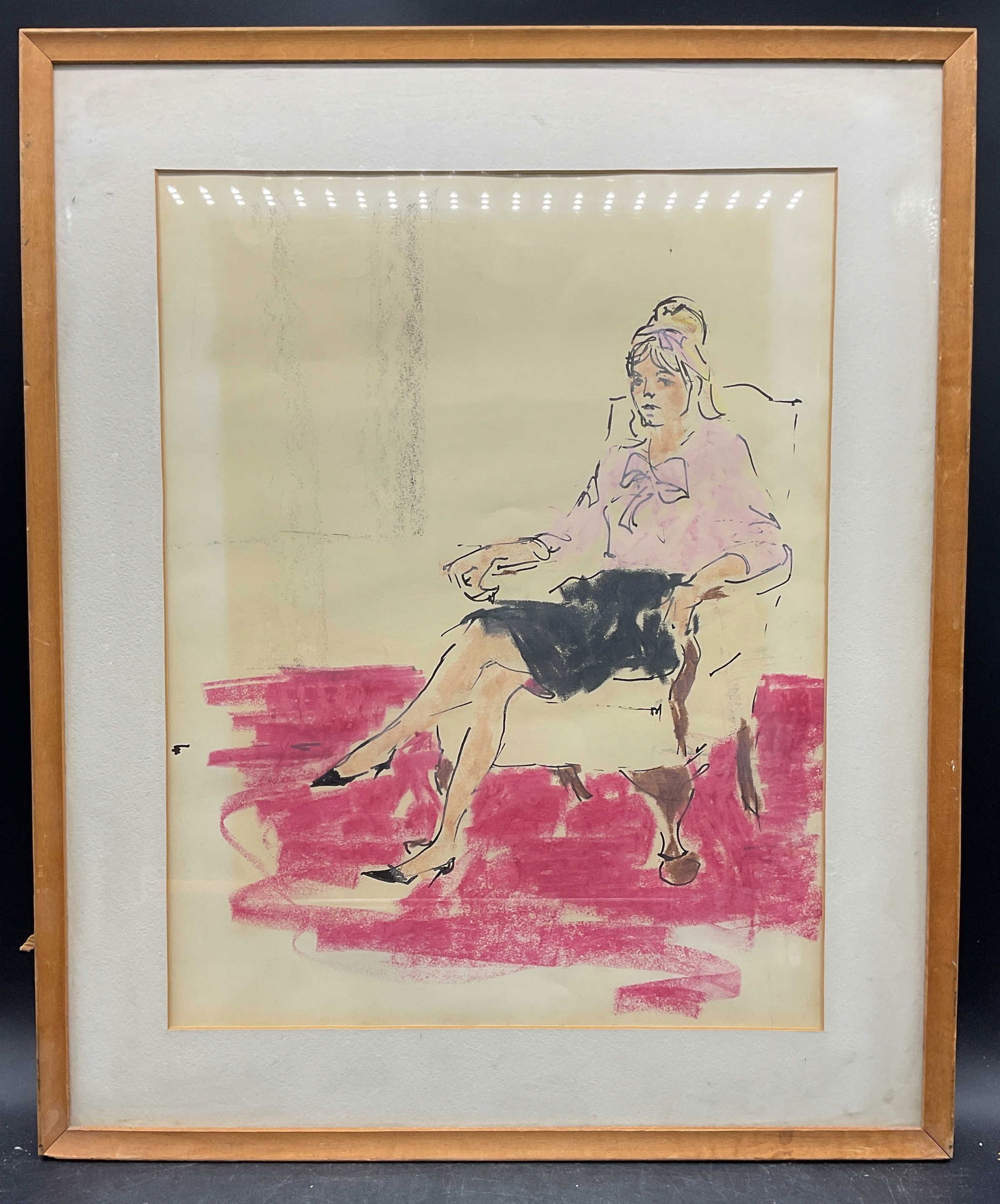 Framed Seated Woman in Pink Fine Art Print: Framed and matted fine art print on paper. Seated woman wearing pink. Wood frame. Not examined out of frame. Frame measures approx 20 x 16.5 inches. Some foxing. Property of Upper East Side French sta
