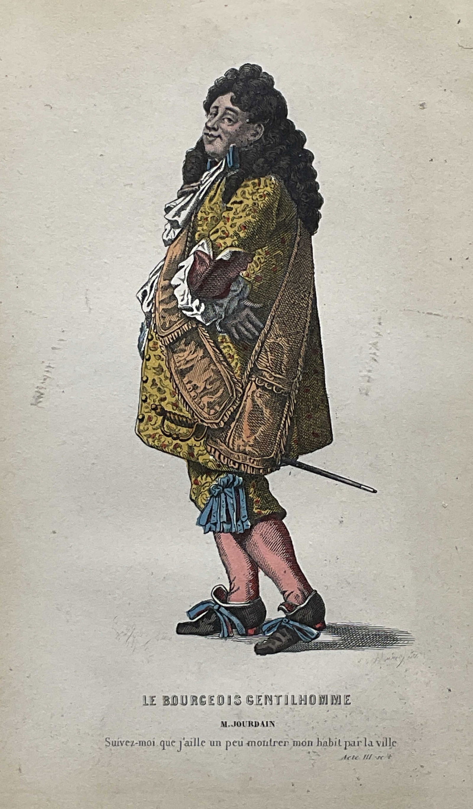 Antique Moliere Bourgeois Gentilhomme Print: Antique print after L Wolff. Reproduction print of Monsieur Jourdain from Molieres play Le Bourgeois Gentilhomme. Possibly antique offset lithograph. Sealed on mat board. Paper measures approx 7 x 4.5