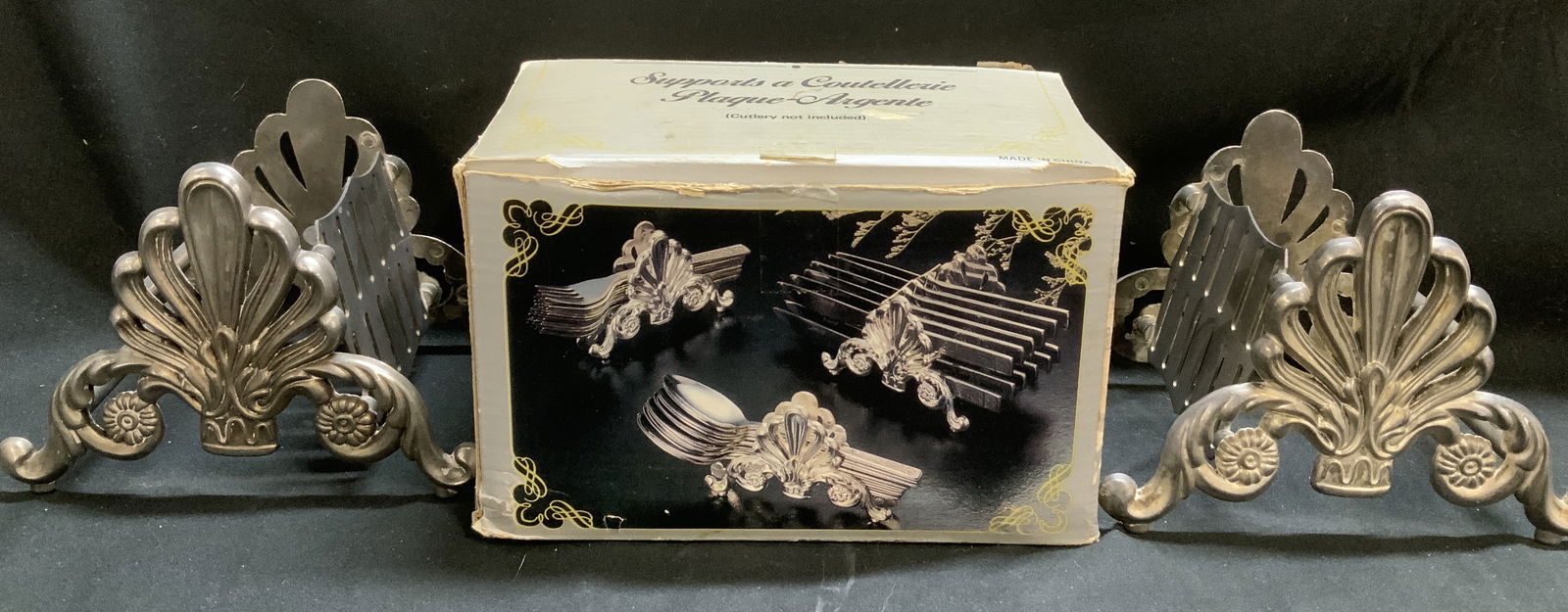 Vtg Pair Silver Plated Buffet Caddies W Org Box: Lot includes, pair of silver plated buffet caddies featuring an ornate & floral style. Comes with original box. Property of opera singers estate from the renowned & opulent Manhattan landmark. The Ans
