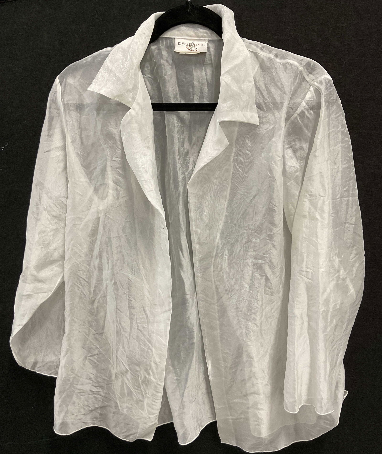 Divertimento White Sheer Long Sleeve Shirt: Divertimento white sheer long sleeve shirt. Feels like silk. Measures approx 20 inches across chest. Collared shirt. Split seam. Wear consistent with exposure. Property of 1980s known Rockers