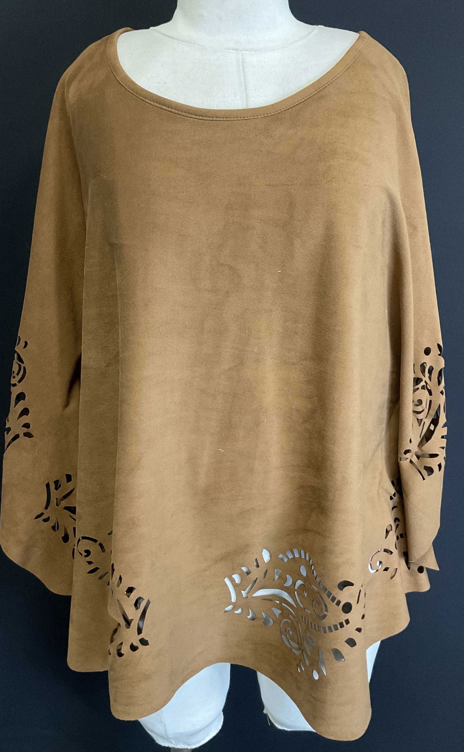 Chicos Brown Cut Out Pattern Blouse: Chicos brown cut out pattern blouse. Size S/M. Suede feel. Flowy scalloped trim. Cut out ornate and geometric designs. Wear consistent with exposure. Blouse, top, shirt, Chicos, womens blouse,
