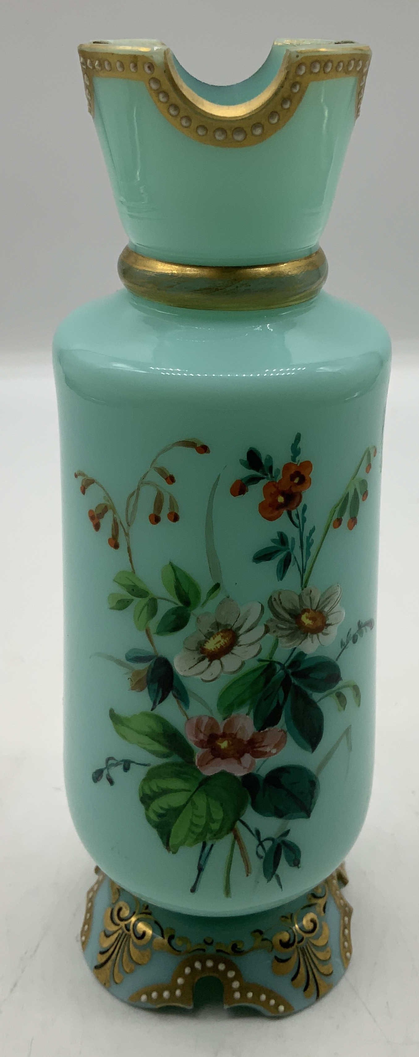 Vntg Hand Painted Floral & Gilt Opaline Vase: Vintage opaline vase features intricate, hand painted floral accents on body. Gilt accents on top & base. Crown style rim. Surface wear consistent to age, use & exposure. Measurements: length 2.3
