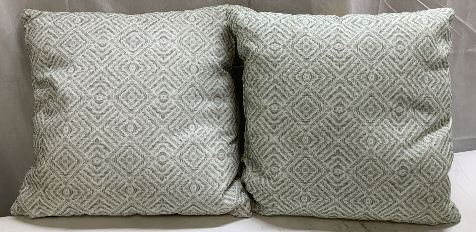 Pair Nautica Home Double Sided Deco Pillows: Lot includes, pair of Nautica Home decorative pillows featuring a green diamond pattern style. Backside features a textured woven style. Possible synthetic material. Signed & marked. Reads,