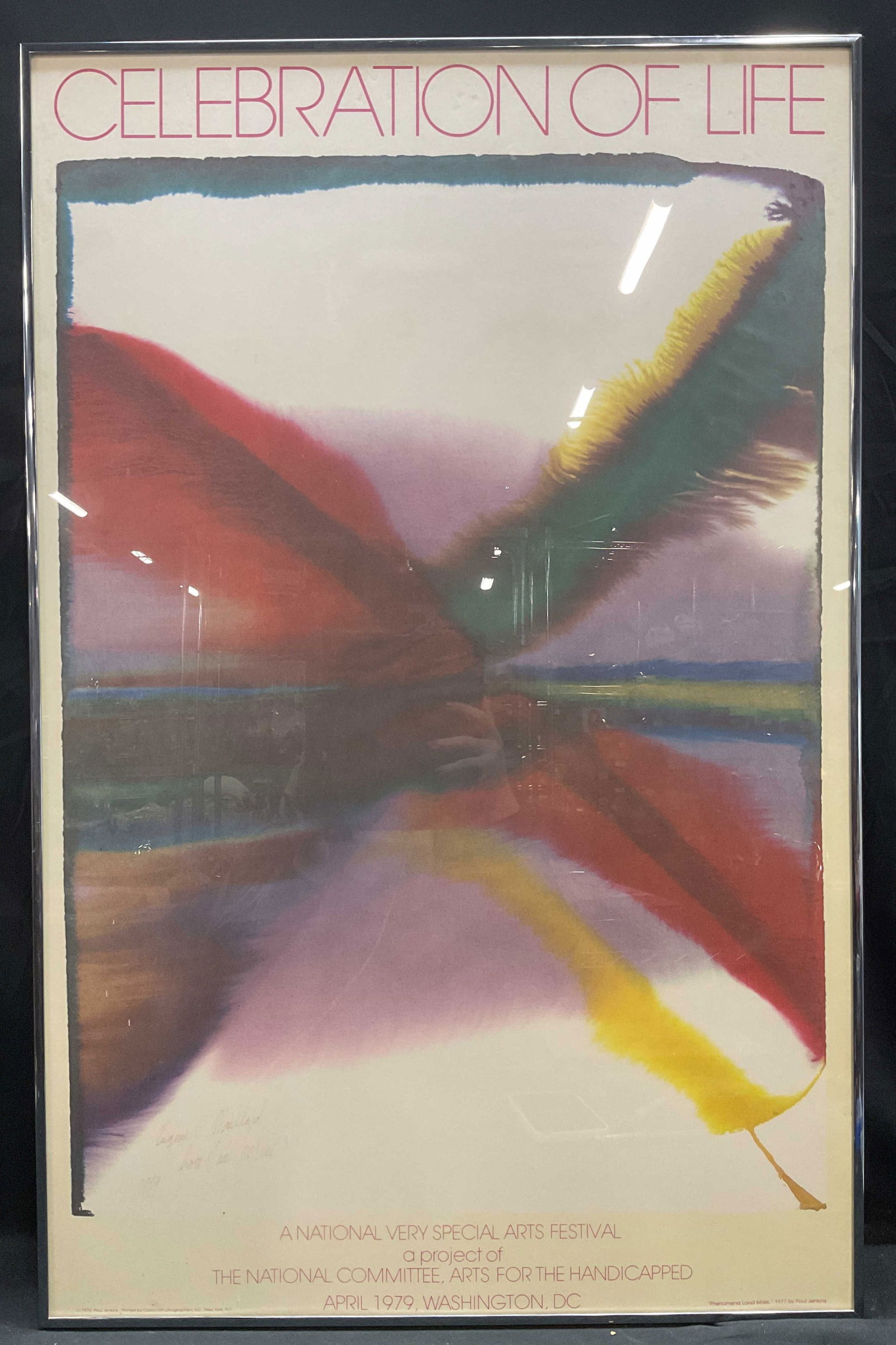 Signed Paul Jenkins Phenomena Abstract Poster 1979: Framed lithograph poster. Signed and dated by hand at lower left, Paul Jenkins, 1979. Addressed to Eugene C. Maillard. Poster for celebration of life arts festival. The National Committee, Arts For Th