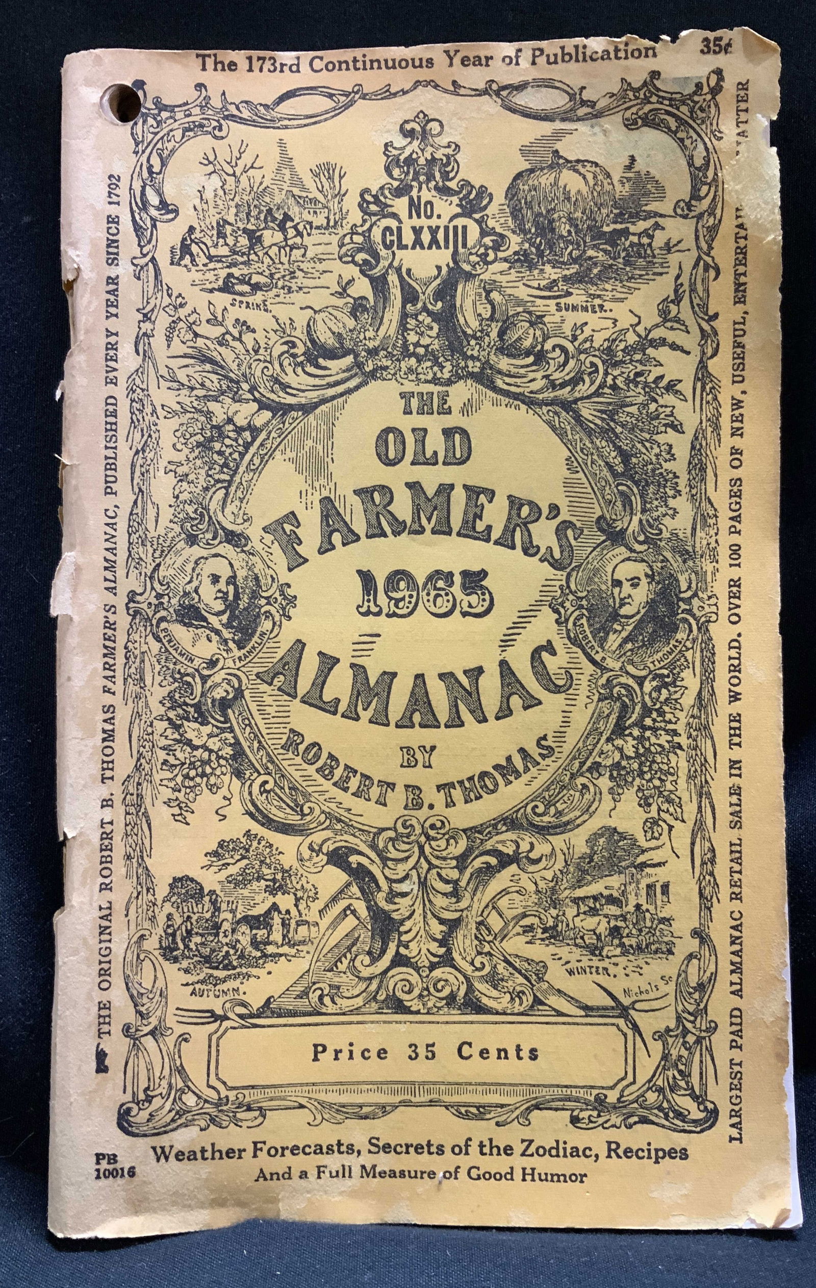 1965 The Old Farmers Almanac Booklet THOMAS: 1965 Old Farmers Almanac by Robert B. Thomas, a collectible booklet published every year since 1792. No. CLXXIII. Published by Robert B. Thomas. Copyright 1964 by Robert Haynes. Contains illustrations