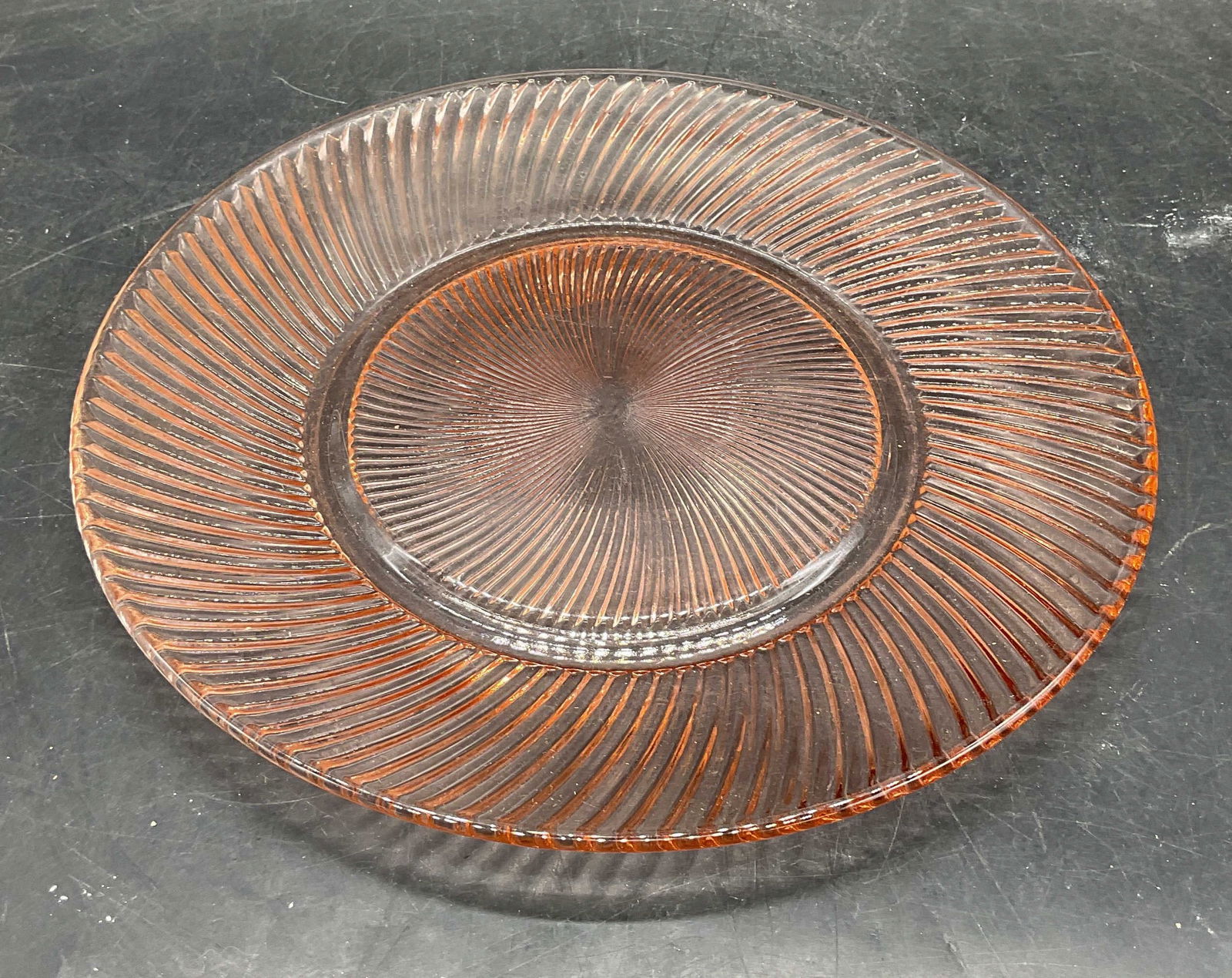 Vintage Pink Depression Glass Swirl Plate: Vintage pink depression glass plate with swirl pattern. Measures approx 9.25 inches wide. Some scratching. Depression glass plate, pink depression glass, collectibles, tableware, table decor, table ac