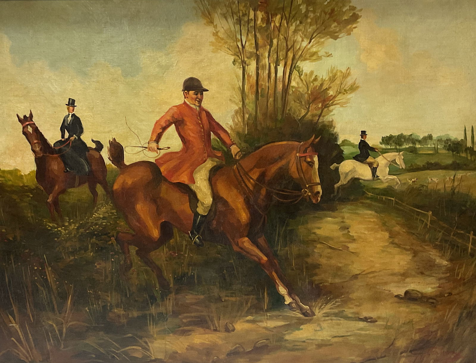 Framed Signed Hunting Scene Oil Painting 42.75in (1 of 9)