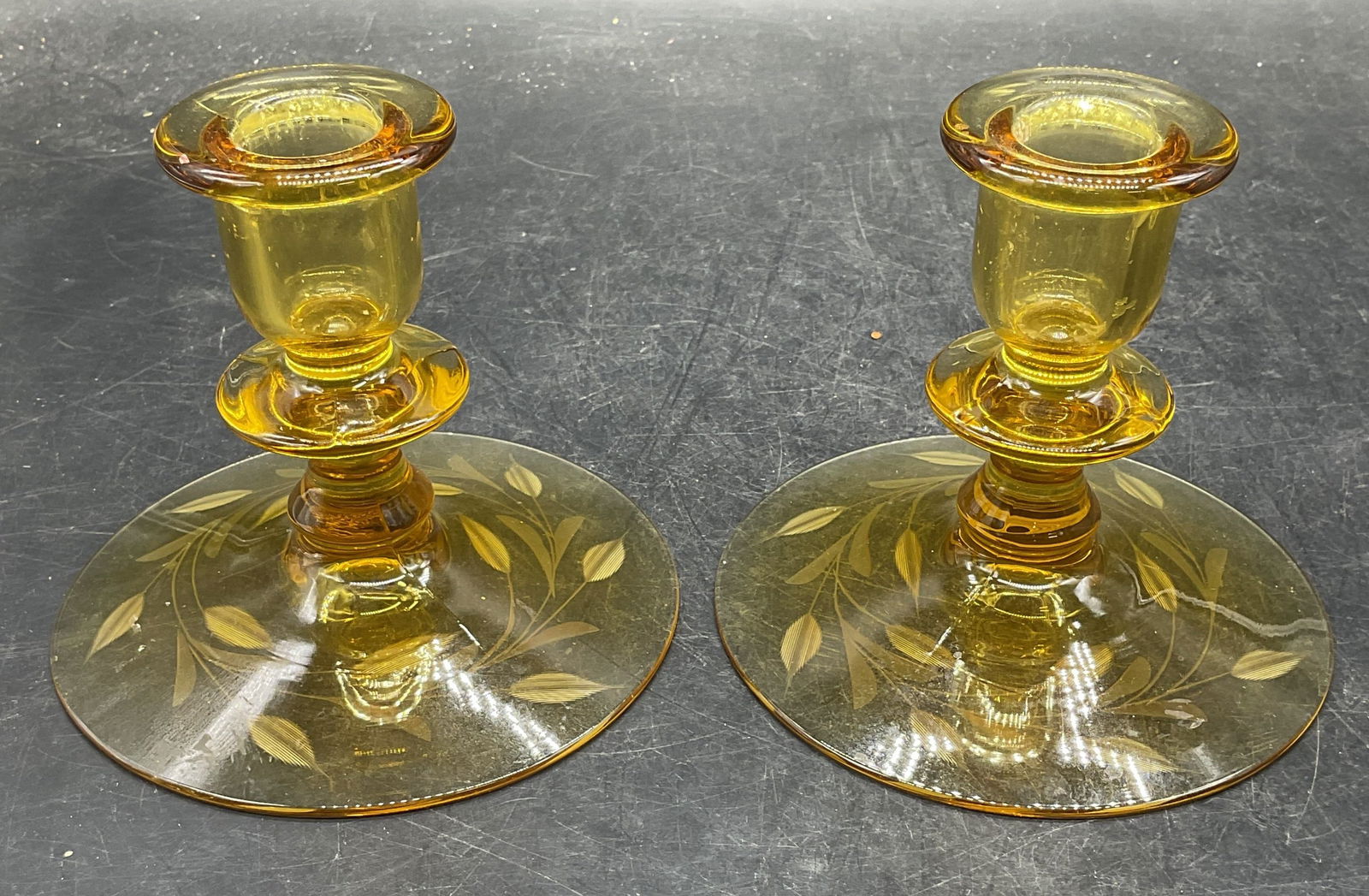 Pair Etched Amber Glass Candle Holders (1 of 6)