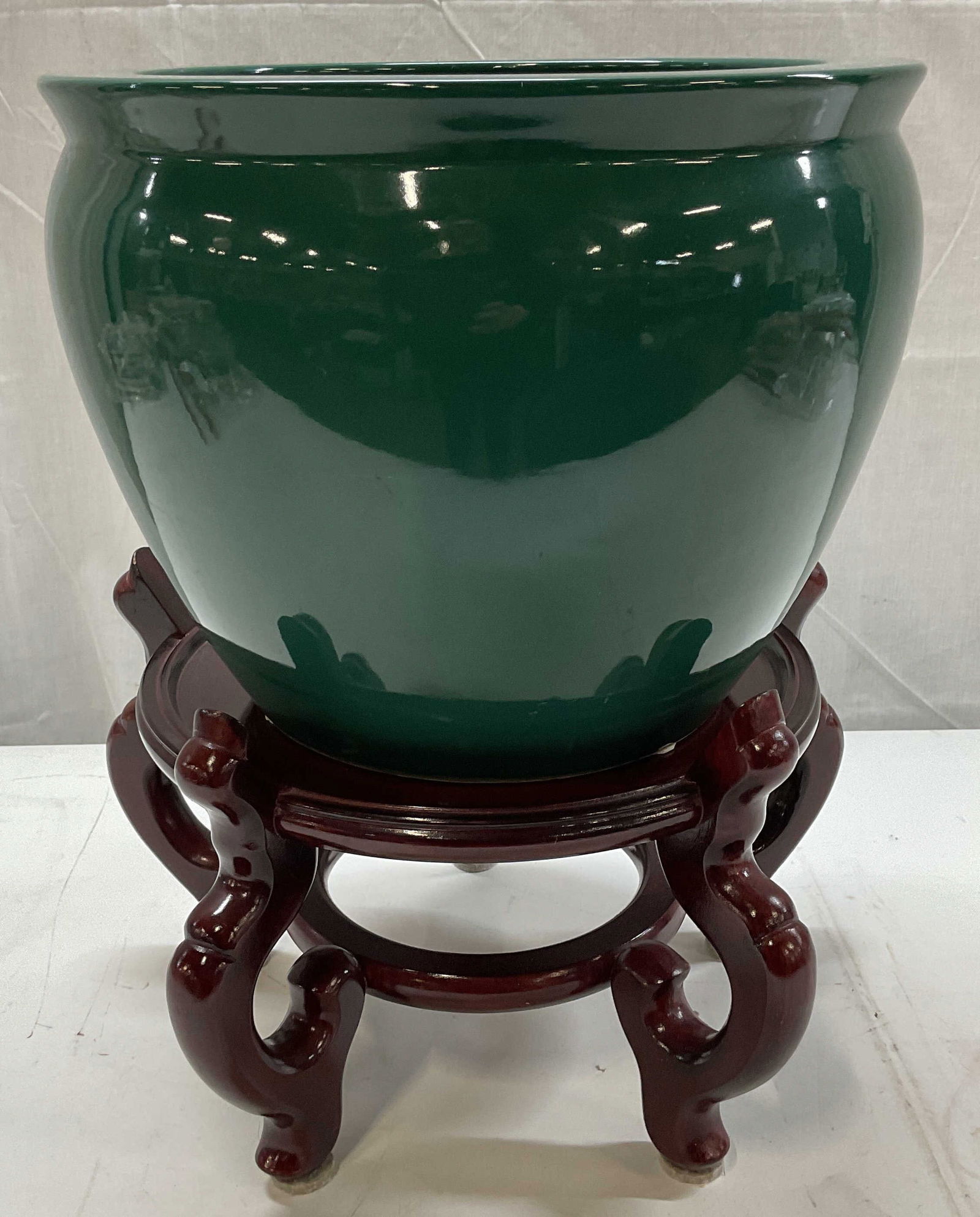 Green Ceramic Jardiniere & Wood Stand (1 of 6)