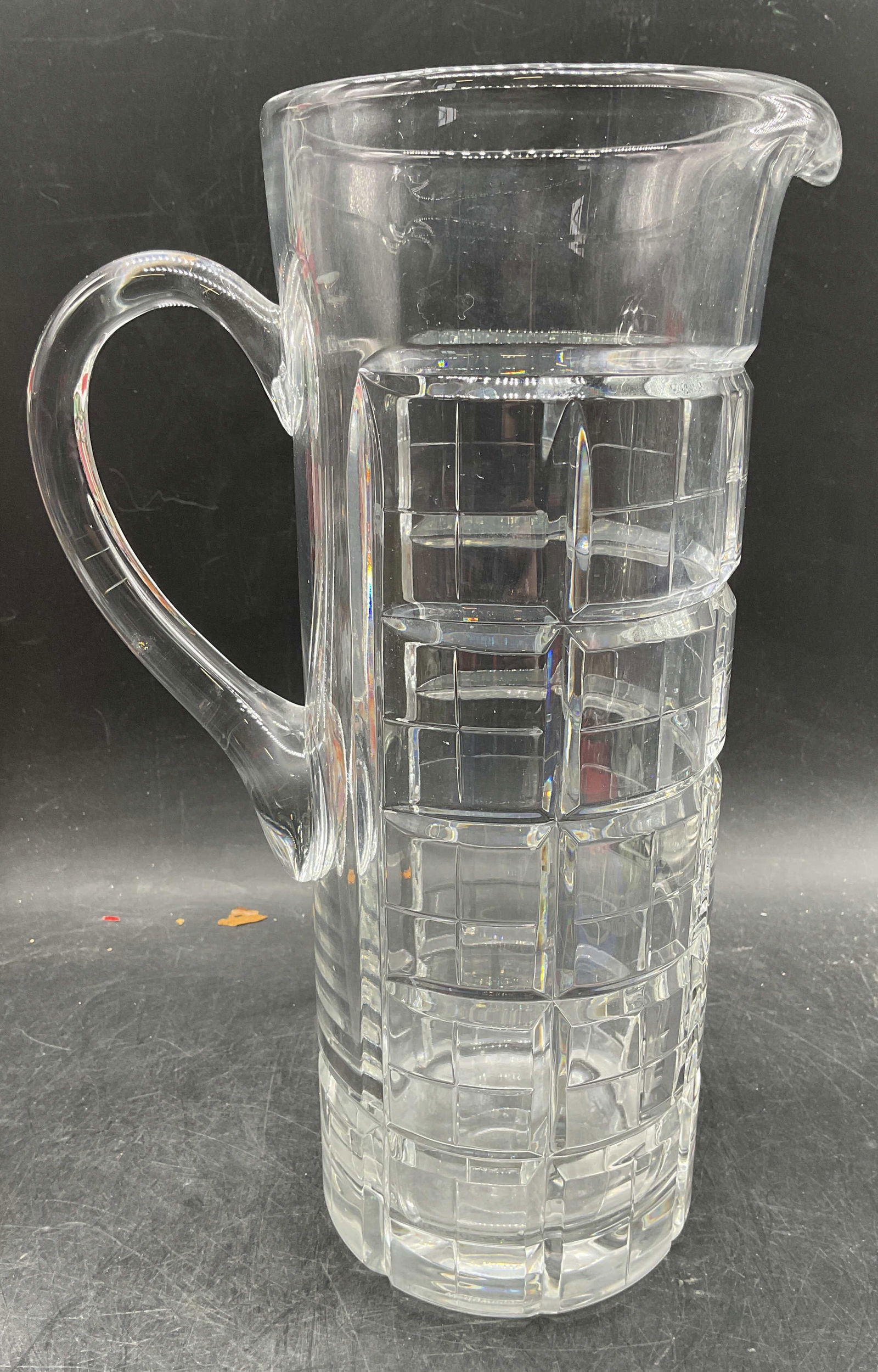 Vintage Wedgwood Cut Crystal Tartan Pitcher: Vintage Wedgwood cut crystal martini pitcher in Tartan pattern. Square cut block design. Signed. Measures approx 7 x 4.5 x 11 inches. Thick walled crystal, piece has weight. Some scratching. Wedgwood