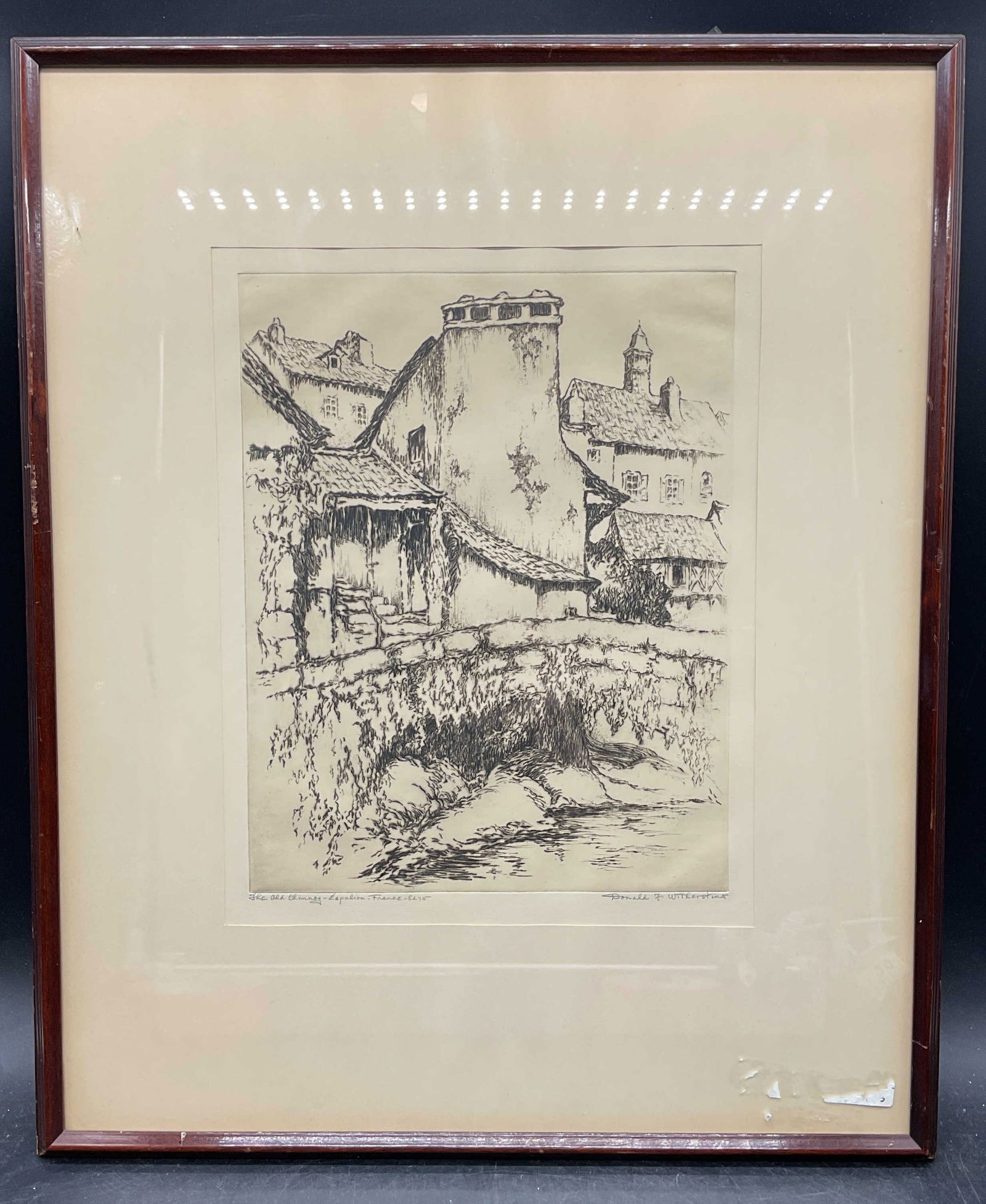 Sgn Donald F Witherstine Chimney France Etching: Framed and matted Drypoint etching on paper. Signed lower right, Donald F Witherstine (American, 1895-1961). The Old Chimney - Espalion - France. View of a chimney and buildings. Donald F Witherstine