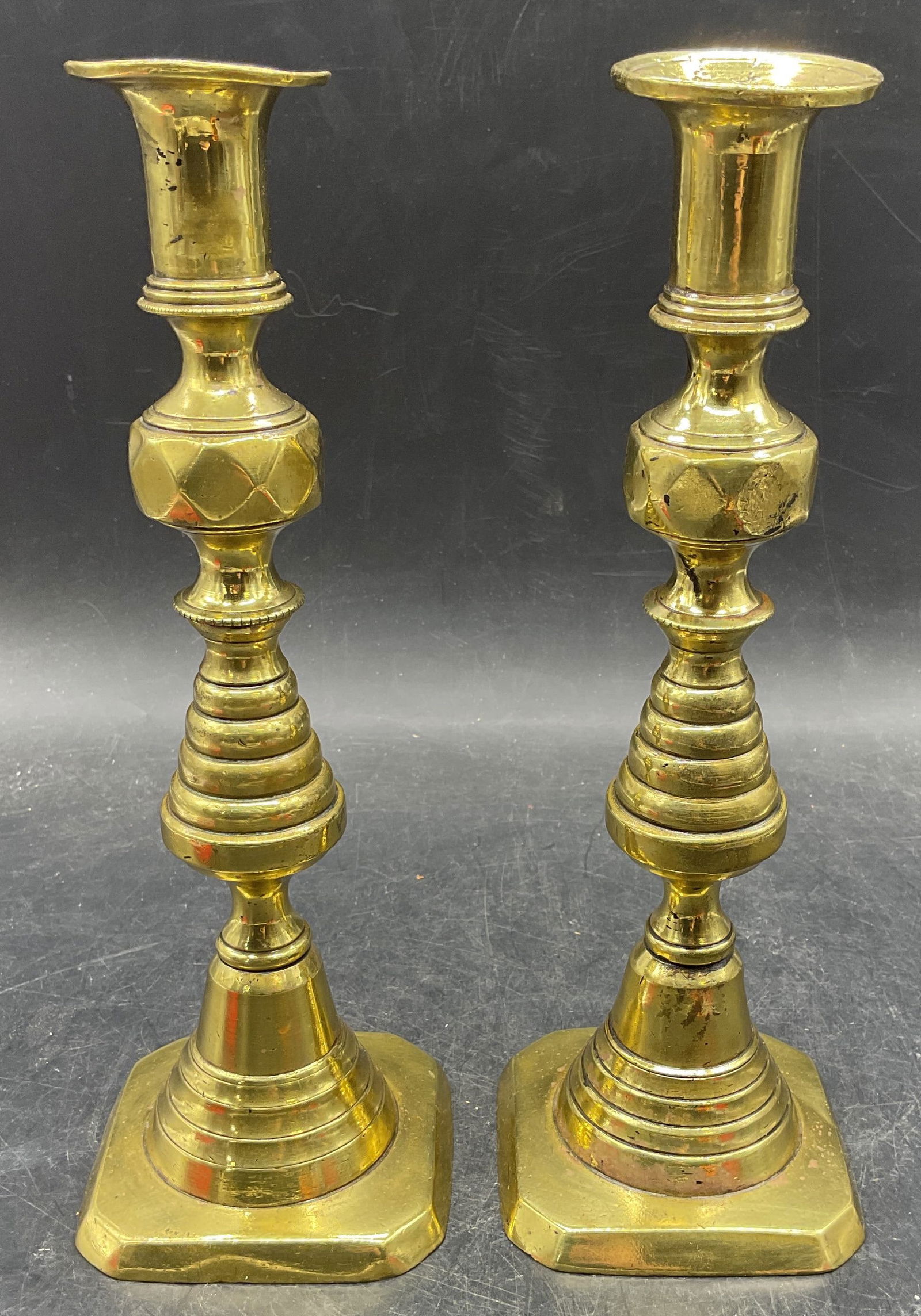 Pair Antique Brass Stepped Candlesticks (1 of 6)