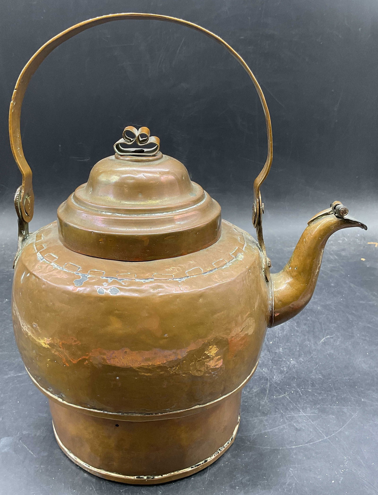 Vintage Signed C. F. Olfen Copper Kettle: Vintage signed handmade copper kettle with handle, covered spout and lid. Signed on handle, possibly C. F. Olfen or Olsen. Measures approx 9.5 x 6 x 11 inches. Wear including patina, scratching,