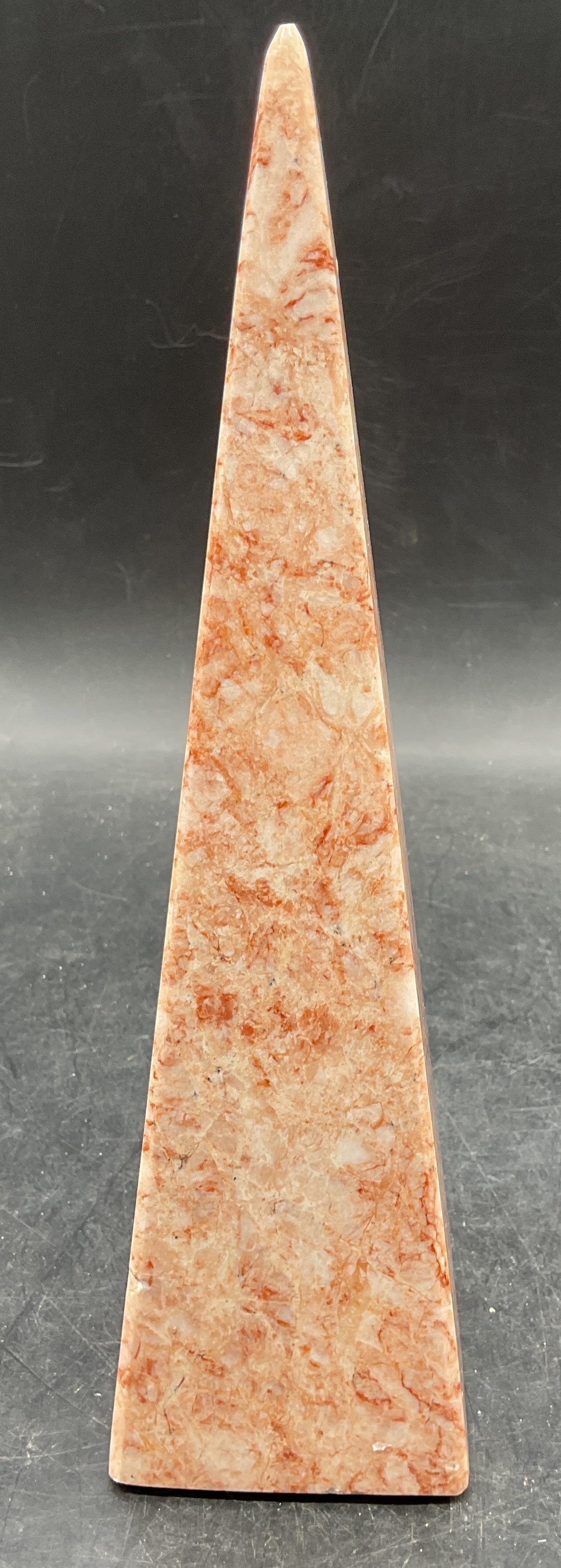 Grand Tour Style Pink Marble Obelisk Tower: Grand tour style solid carved pink marble obelisk tower. Measures approx 2.75 x 2.5 x 10 inches. Some small chips and scratching. Grand tour style obelisk, marble obelisk, marble tower,