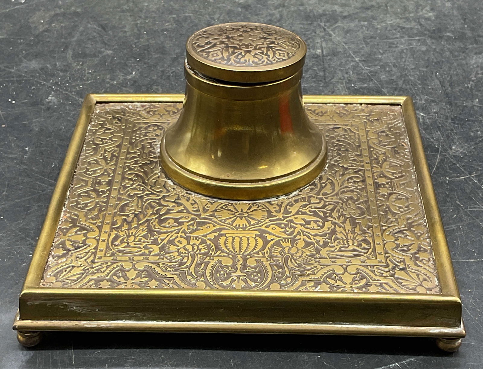 Antique Ornate Scroll Brass Inkwell: Antique brass inkwell. Ornate embossed scroll design. Measures approx 5.25 x 5.25 x 3.5 inches. Some wear including scratching. Inkwell, brass inkwell, antique inkwell, antiques, collectibles,