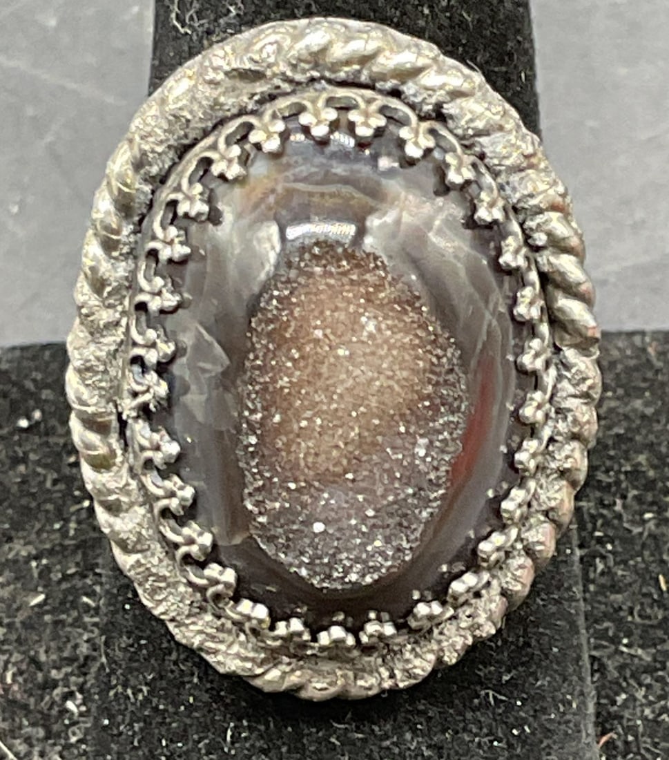 Signed TW Sterling Silver Druzy Quartz Ring (1 of 6)