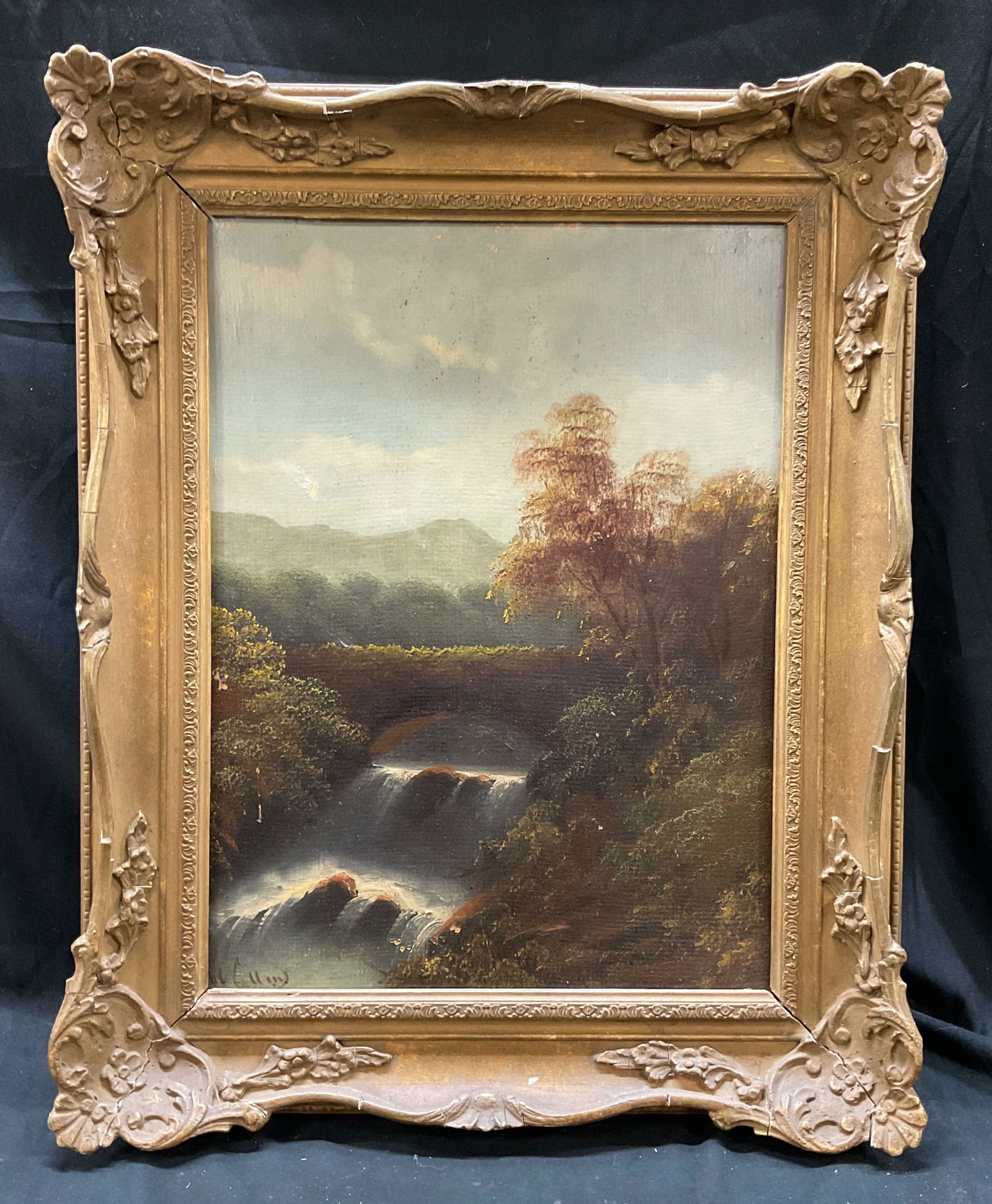 Antq Signed Landscape Waterfall Oil Painting (1 of 8)