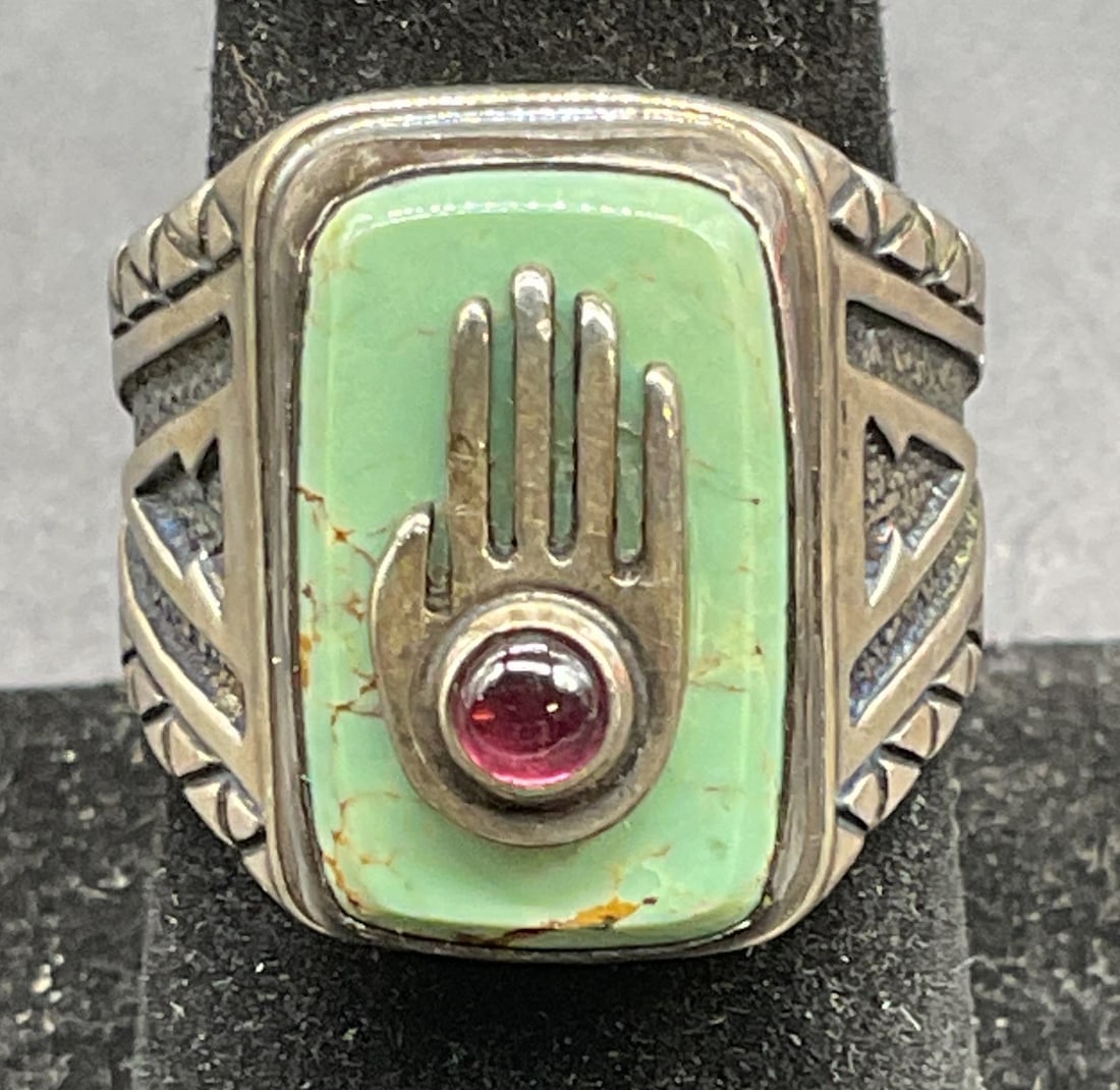 Carolyn Pollack Relios Sterling Silver Hamsa Ring: Signed Carolyn Pollack Relios southwestern Sterling silver Hamsa ring with turquoise and semiprecious cabochon ring. Marked sterling. Ring size 7. Total weight 12.9 grams. Some scratching. Jewelry, es