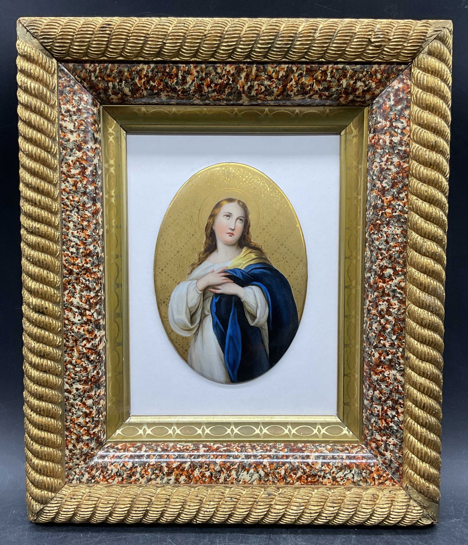 Framed Hand Painted Virgin Mary Gilt Porc Plaque (1 of 6)