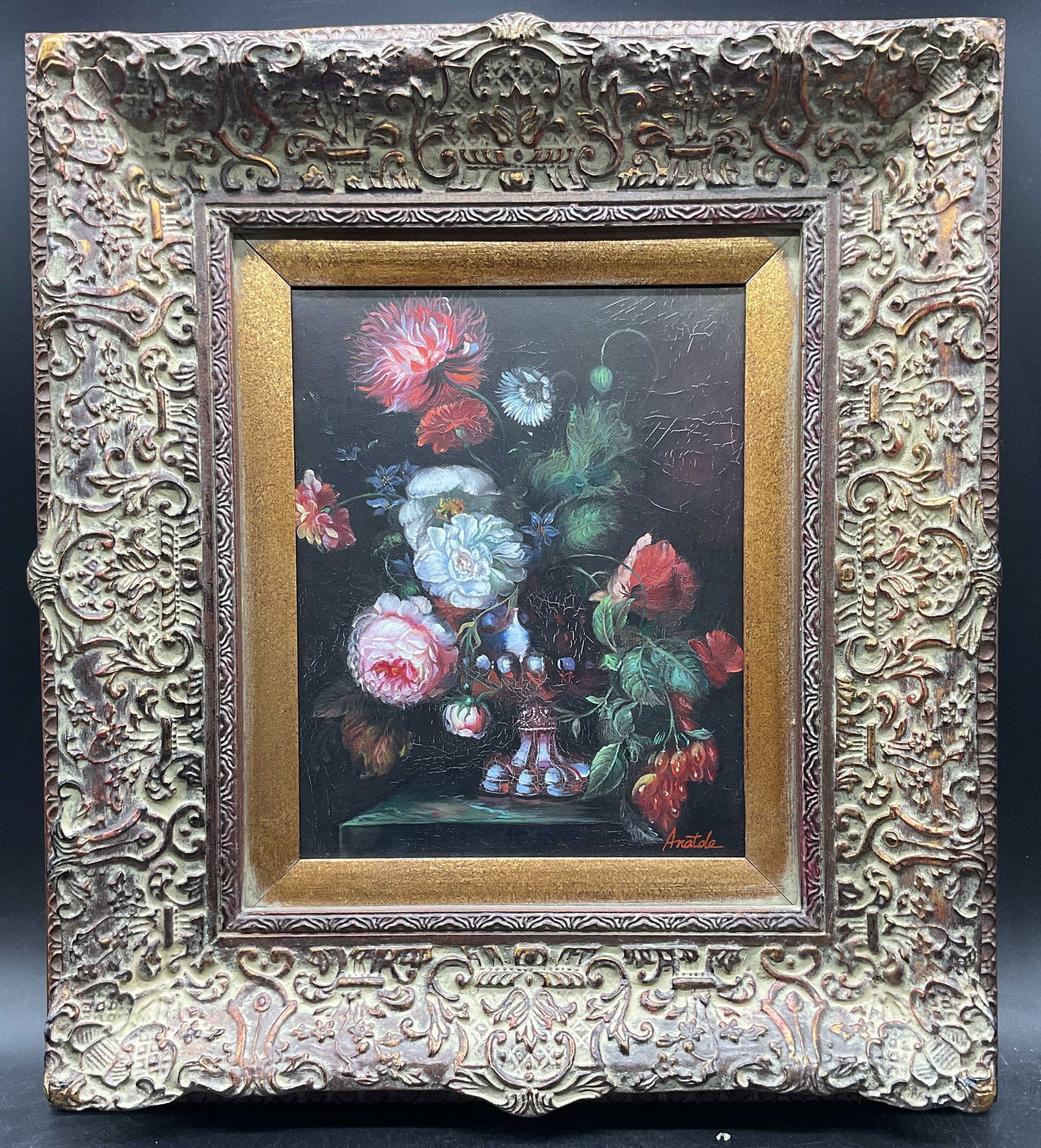 Signed Anatole Still Life Flowers Oil Painting (1 of 6)
