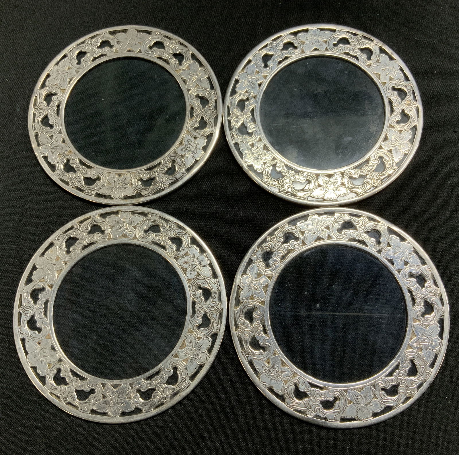 Set 4 Sterling Silver Ornate Floral Coasters (1 of 6)