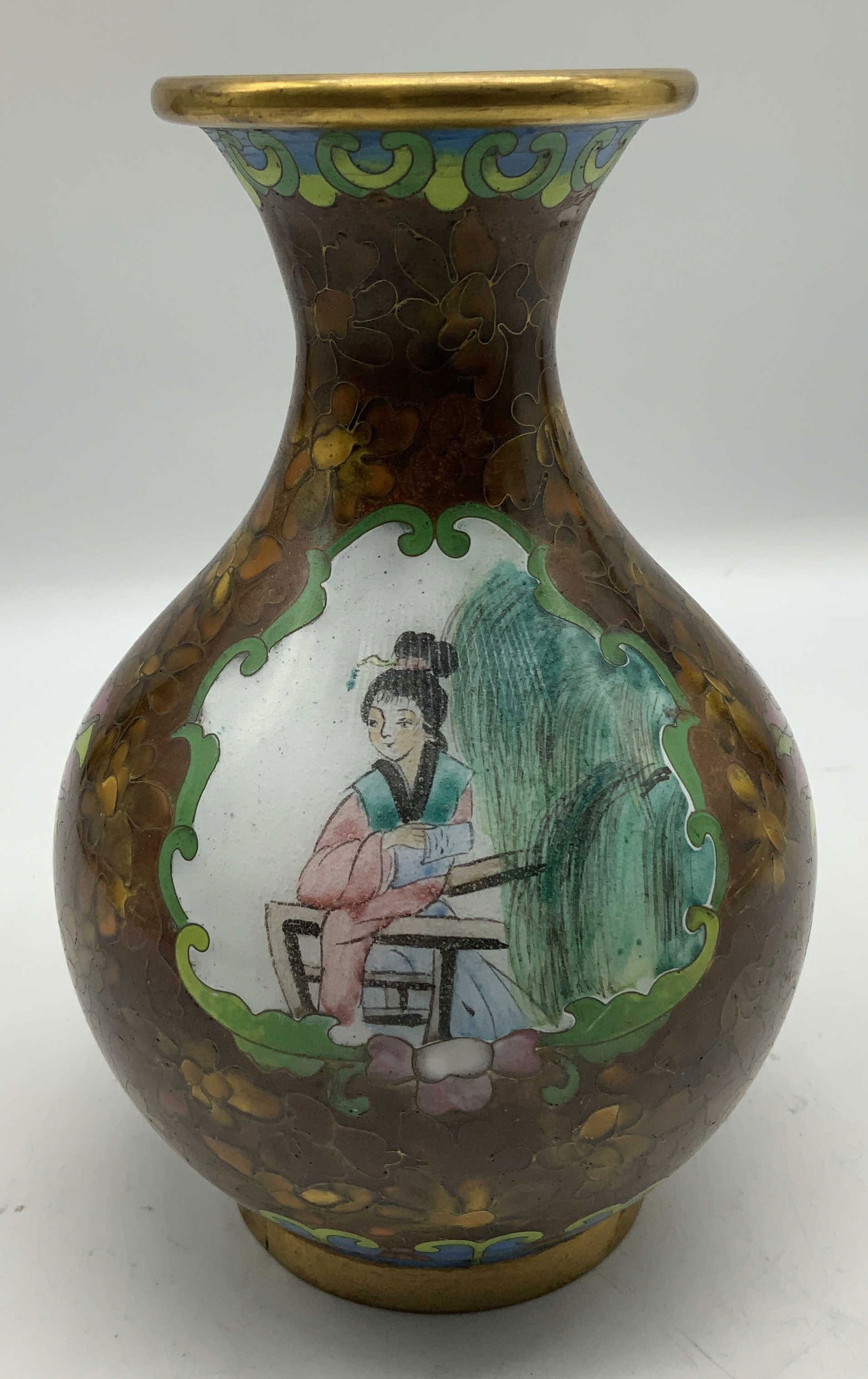 Vtg Chinese Figural Cloisonne Enamel Vase: Vintage Chinese cloisonne enamel vase with a scene of a female seated & bird motifs. Vase features a bulbous shape & gilt accents. Floral accents. Surface wear consistent to age, use & exposure. Measu
