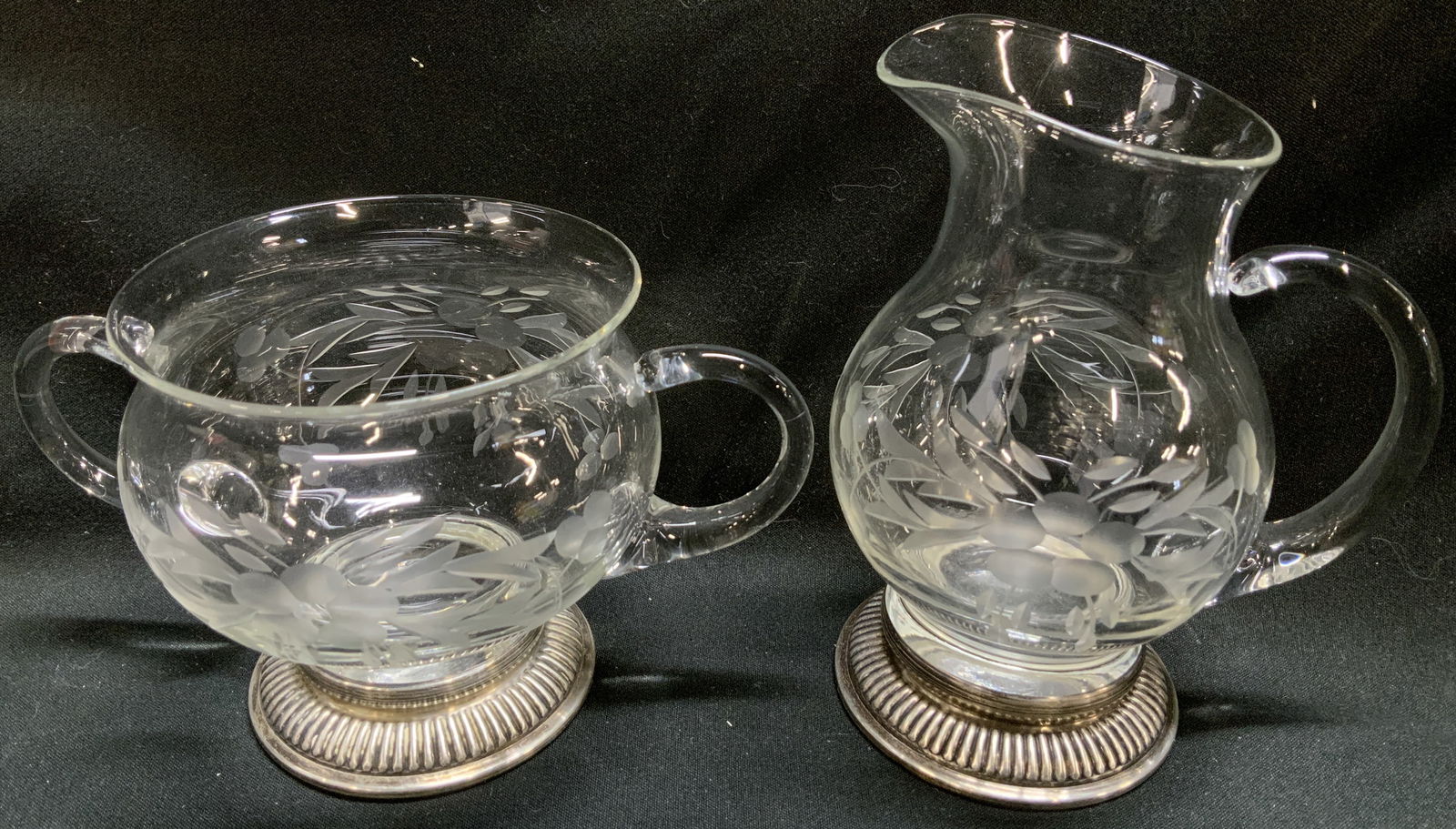 Vtg Etched Floral Sterling Glass Creamer & Sgr Bwl (1 of 8)