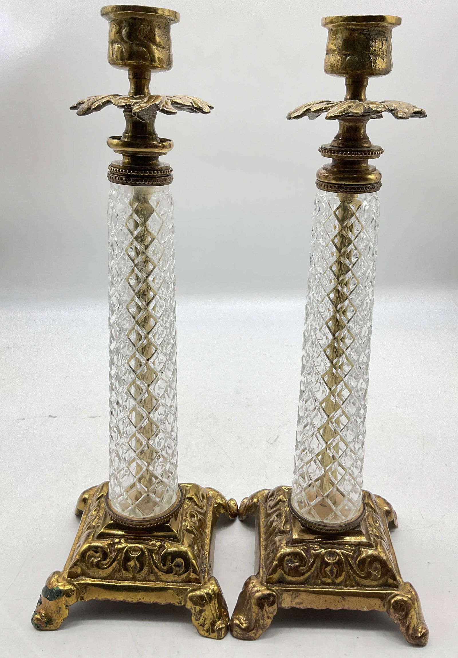 Pair Vintage Glass & Brass Footed Candlesticks (1 of 8)