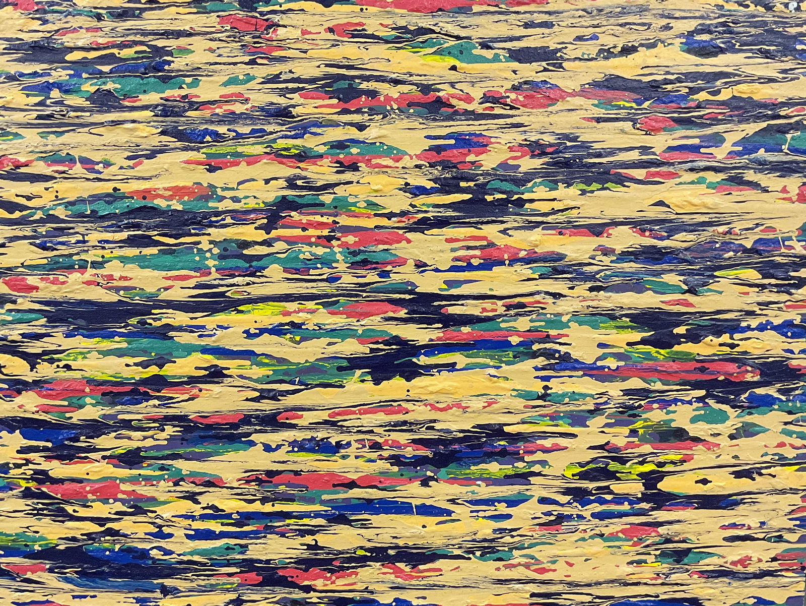 Abstract Yellow & Blue Oil Painting 42in: Oil painting on canvas. Abstract composition in yellow, blue, purple, green, red. Canvas measures approx 31 x 42 inches. Some wear consistent with exposure. Art, fine art, home decor, home accessories