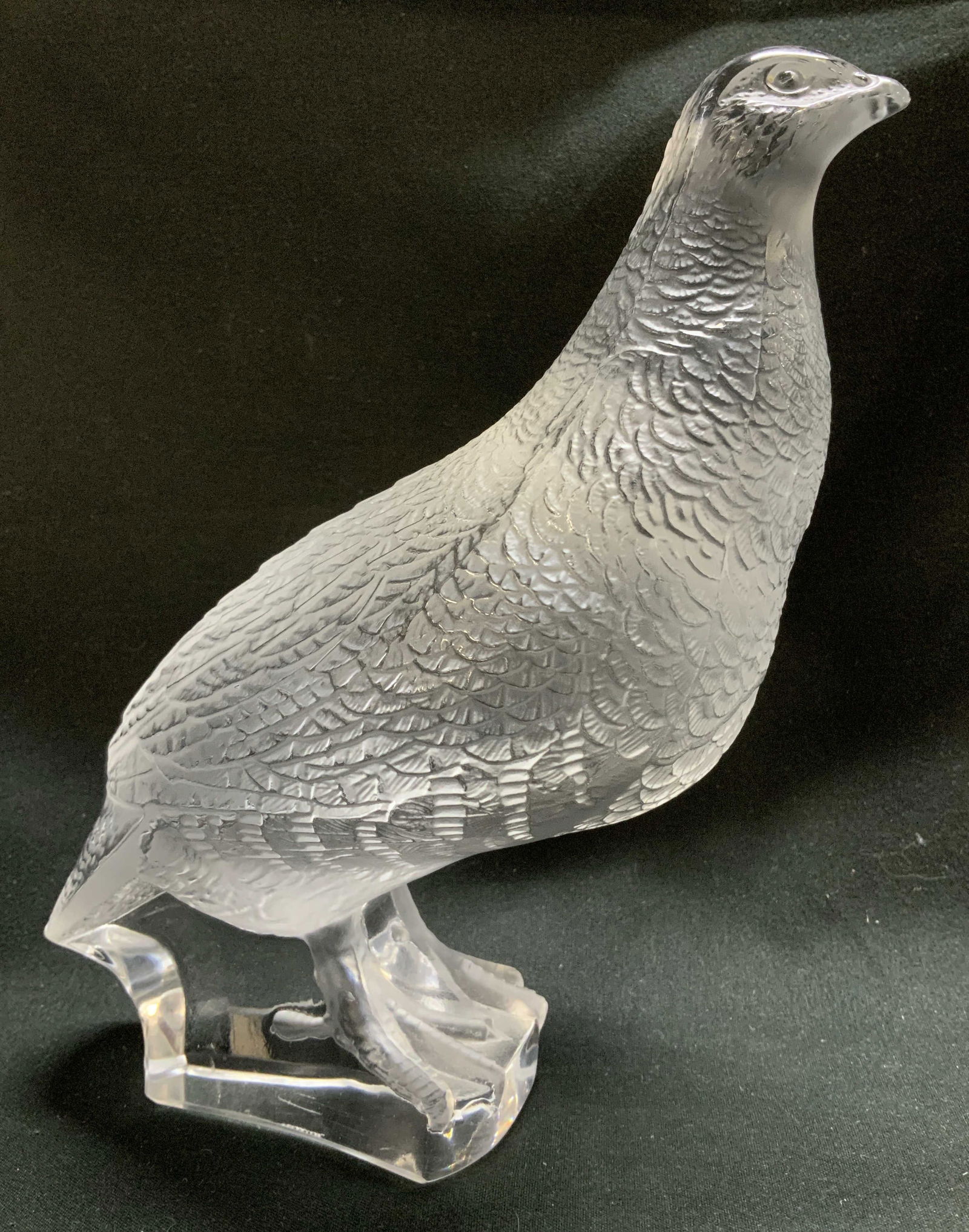 Lalique Partridge Frosted Crystal Figurine FRANCE: Lalique figurine depicts a standing Partridge, with its claws gripping base. Fig is frosted crystal material. Intricate feather patterns. Signed & marked. Reads, LALIQUE FRANCE. Surface wear consisten