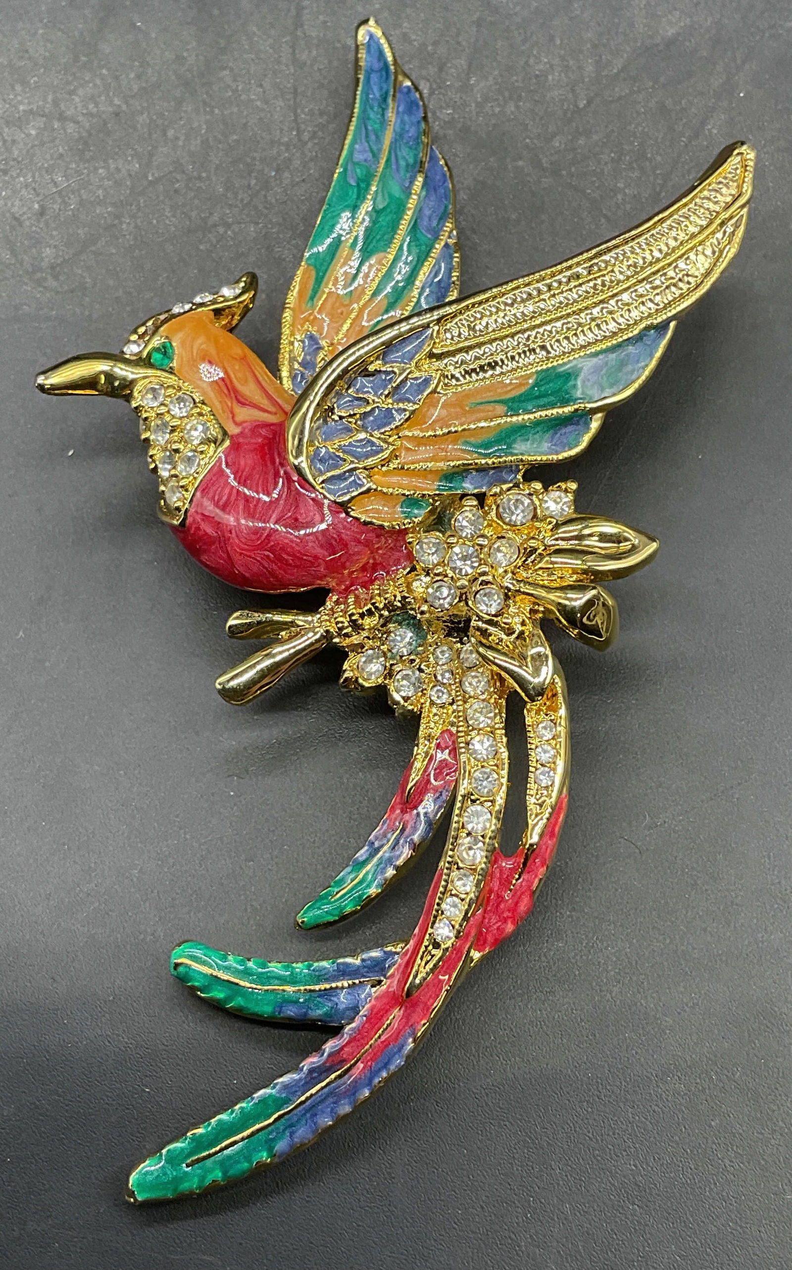 Gold Tone Enamel Crystal Bird Brooch 3.5 in L (1 of 6)