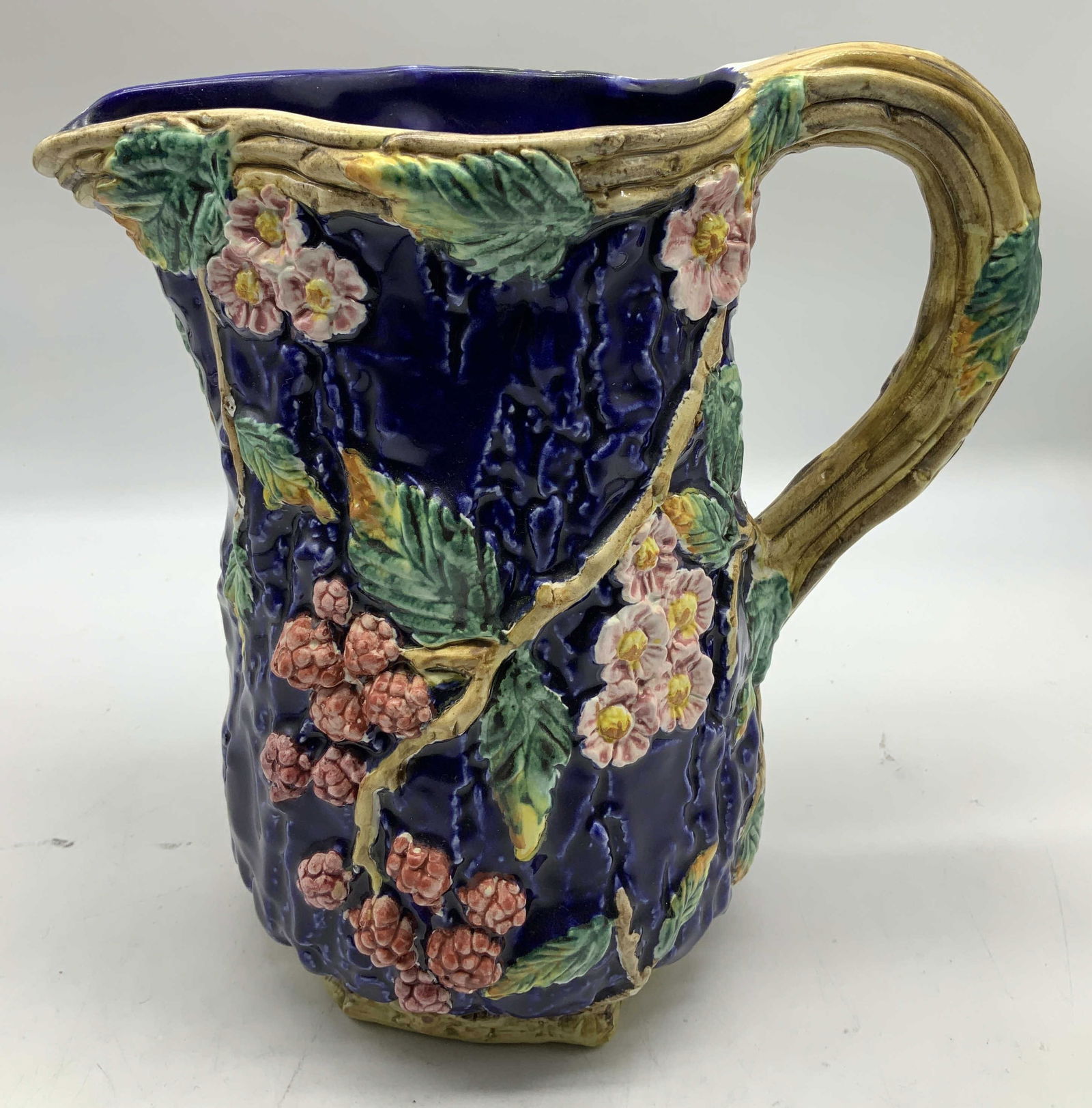 Vtg Cobalt Blue Relief Majolica Pitcher ITALY (1 of 7)