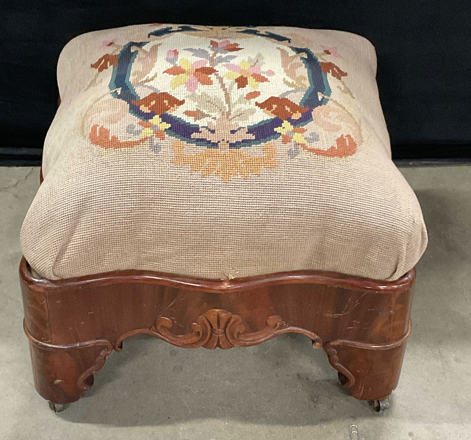 Vintage Carved Wood Needlepoint Foot Stool (1 of 6)