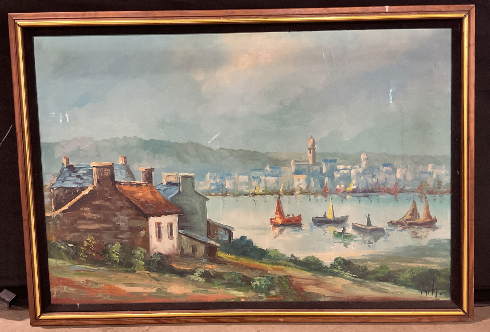 Signed KH City & Boats Scene Oil Painting 39in (1 of 6)