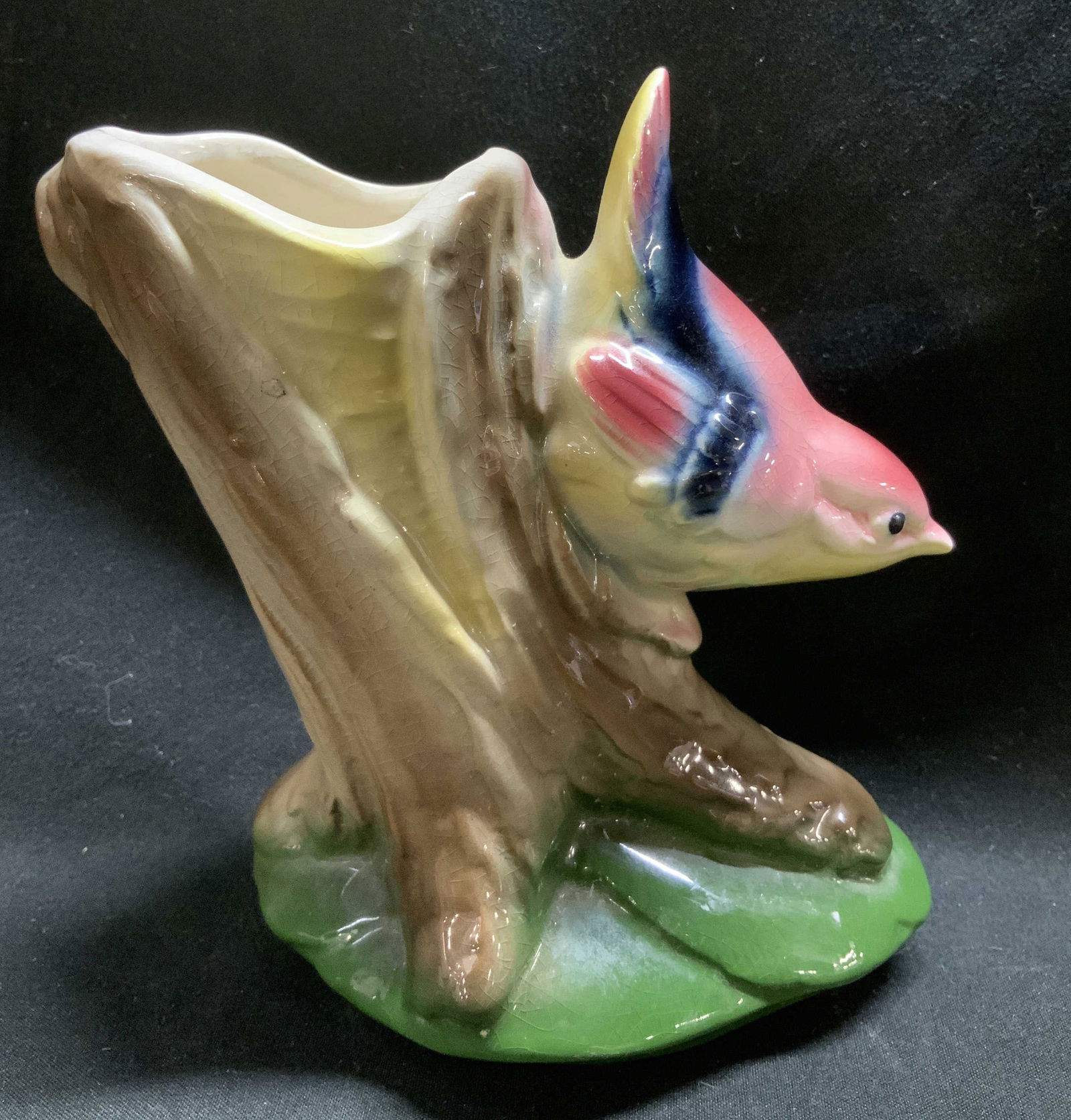 Vtg Pink Bird on Tree Stump Ceramic Vessel (1 of 6)