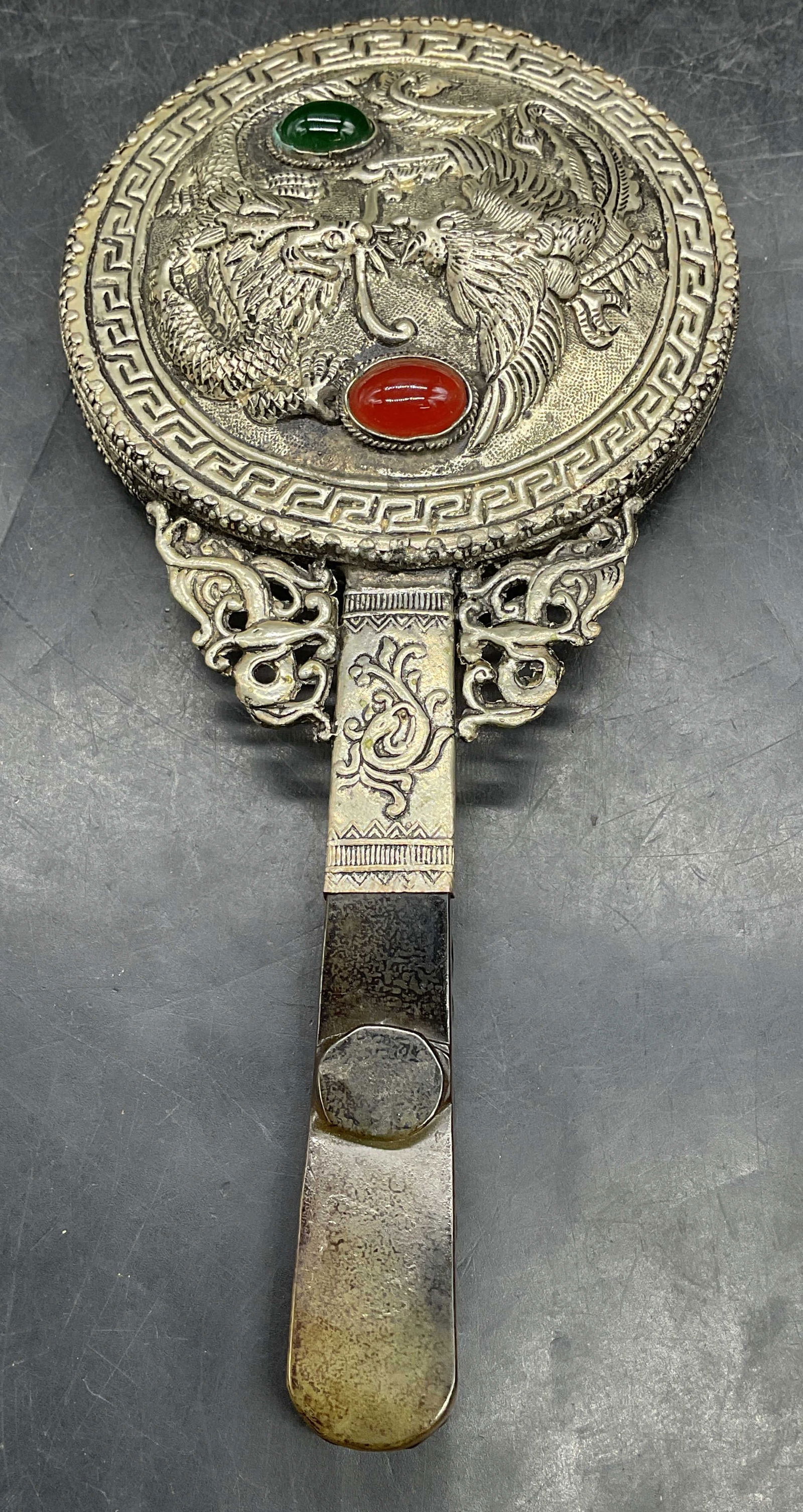 Vintage Chinese Silver Pl Jade Hand Mirror (1 of 6)