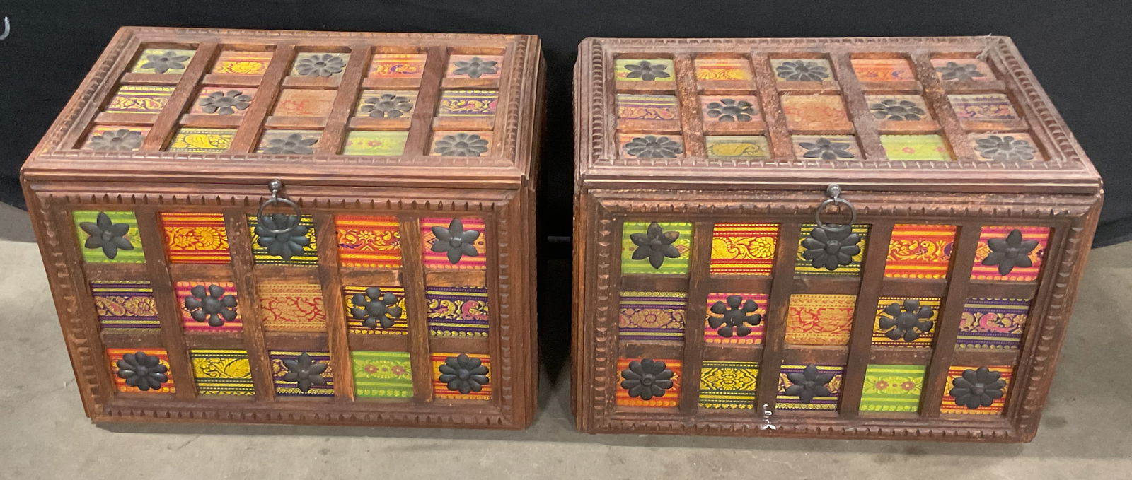 Pair Vintage Carved Wood & Fabric Storage Chests (1 of 6)