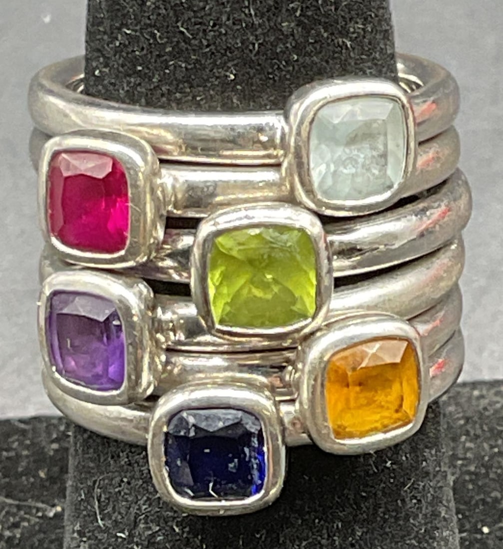 Set 6 Sgn OG Sterling Silver Semiprecious Rings (1 of 7)