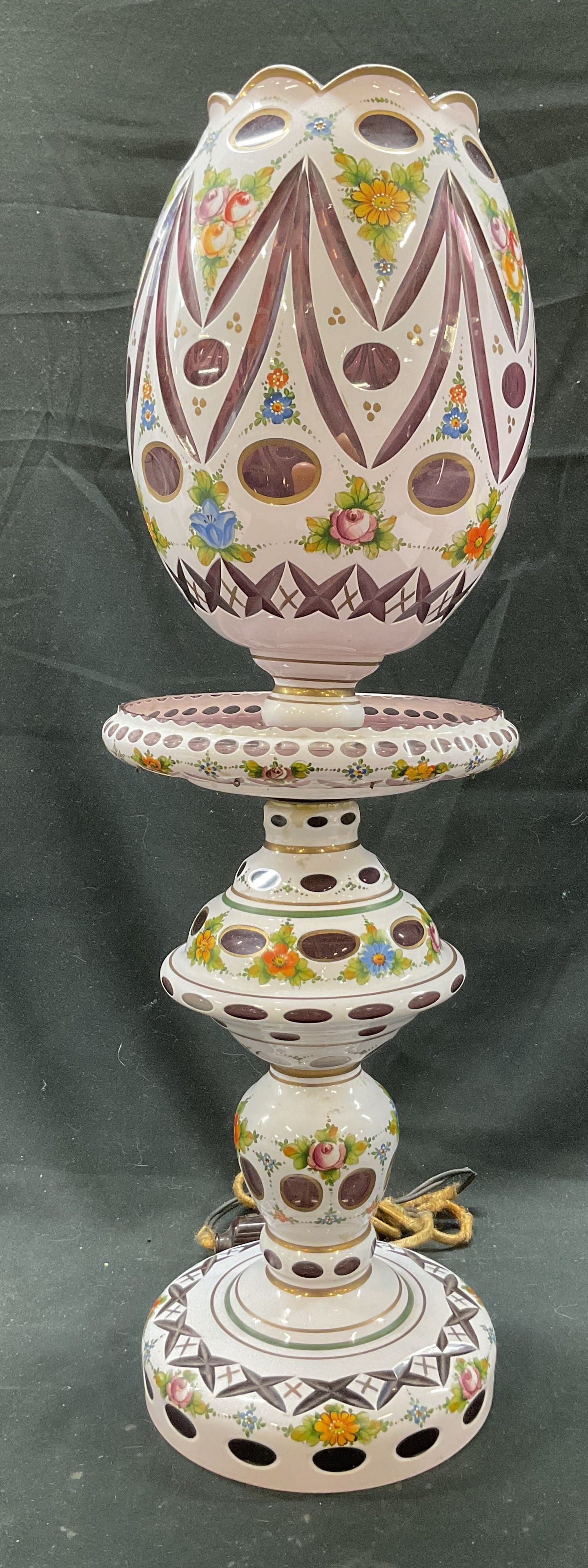Vtg Bohemian Cut To Clear Glass Table Lamp 22in: Vintage Bohemian cut to clear glass table lamp. Bohemian Czech style. White glass overlay cut to reveal a cranberry color layer beneath. Hand painted with colorful floral enamel motifs and accented wi
