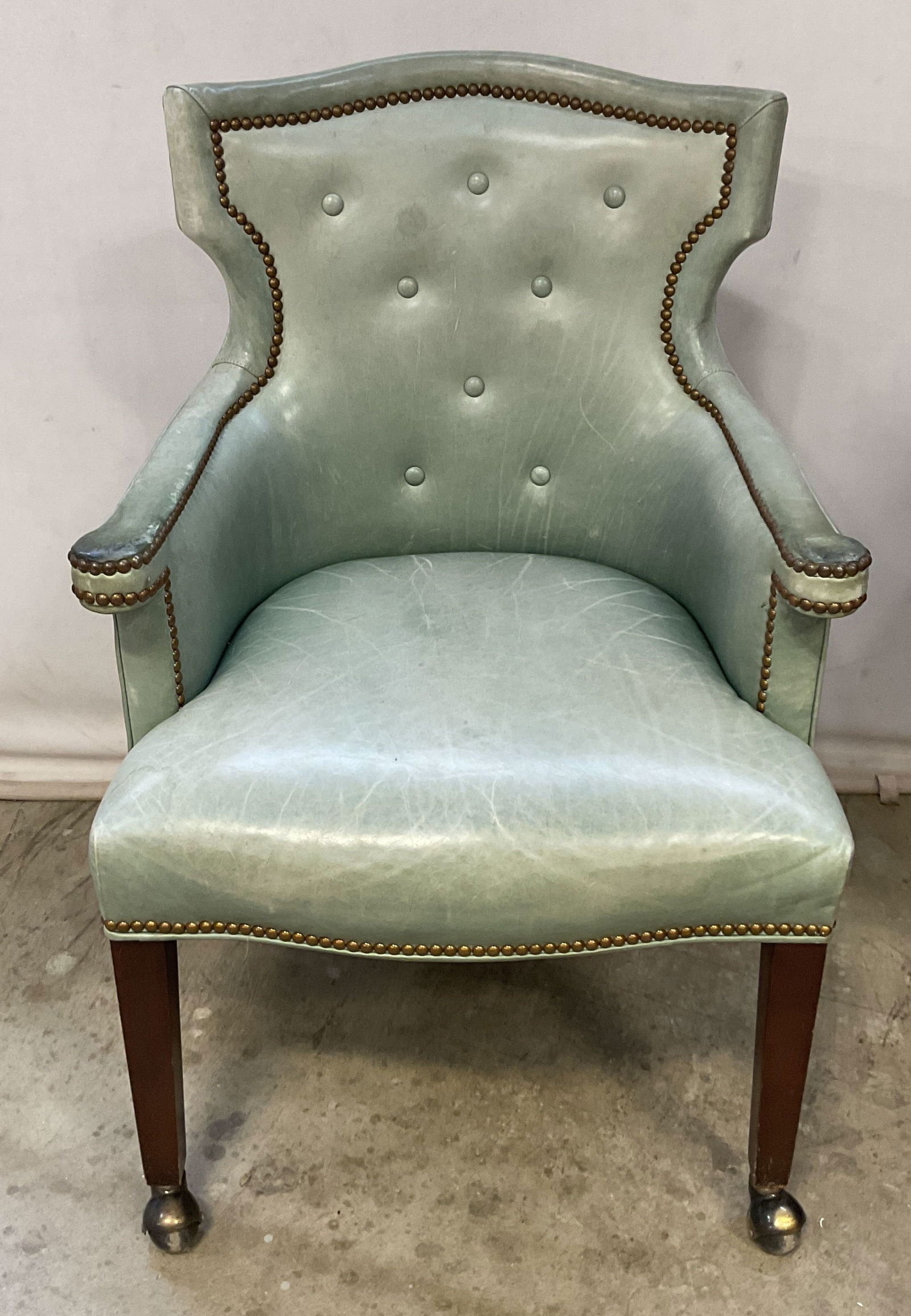 Green Leather Nailhead Wingback Chair on Casters (1 of 6)